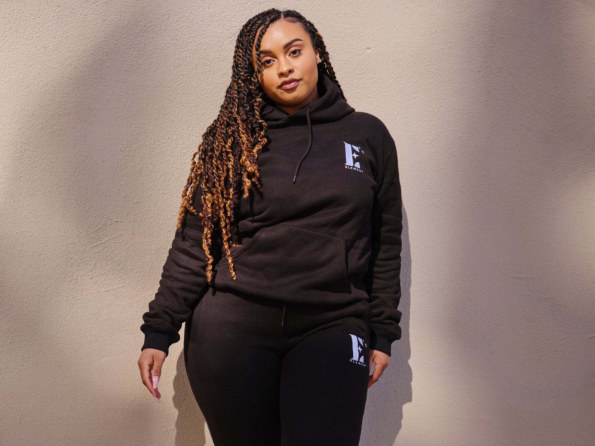 Model wearing E's Element Essential Sweatsuit Set in Smoky Black