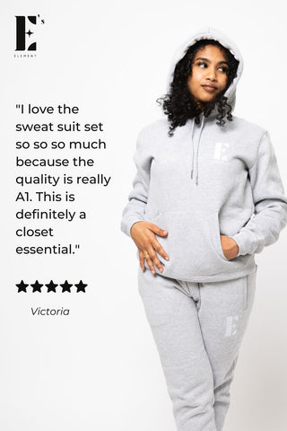 Female model wearing wearing E's Element Essential Sweatsuit Set In Light Grey on white background | Sweatsuits | E's Element