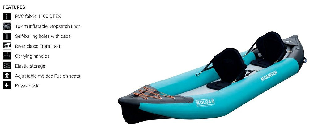 Canoë-Kayak Gonflable Aquadesign Koloa 360 2 Places +Sièges Kayak Classe Rivière I à III