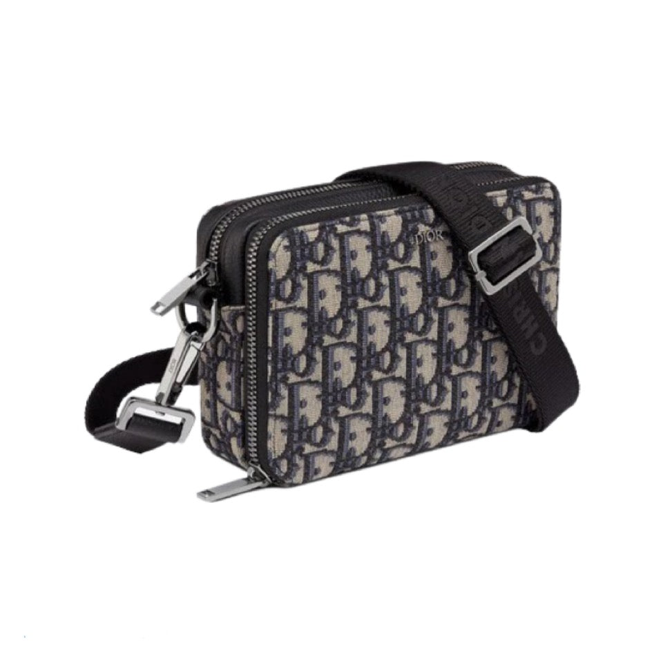 Saddle Pouch with Strap Beige and Black Dior Oblique Jacquard and Black  Grained Calfskin  DIOR