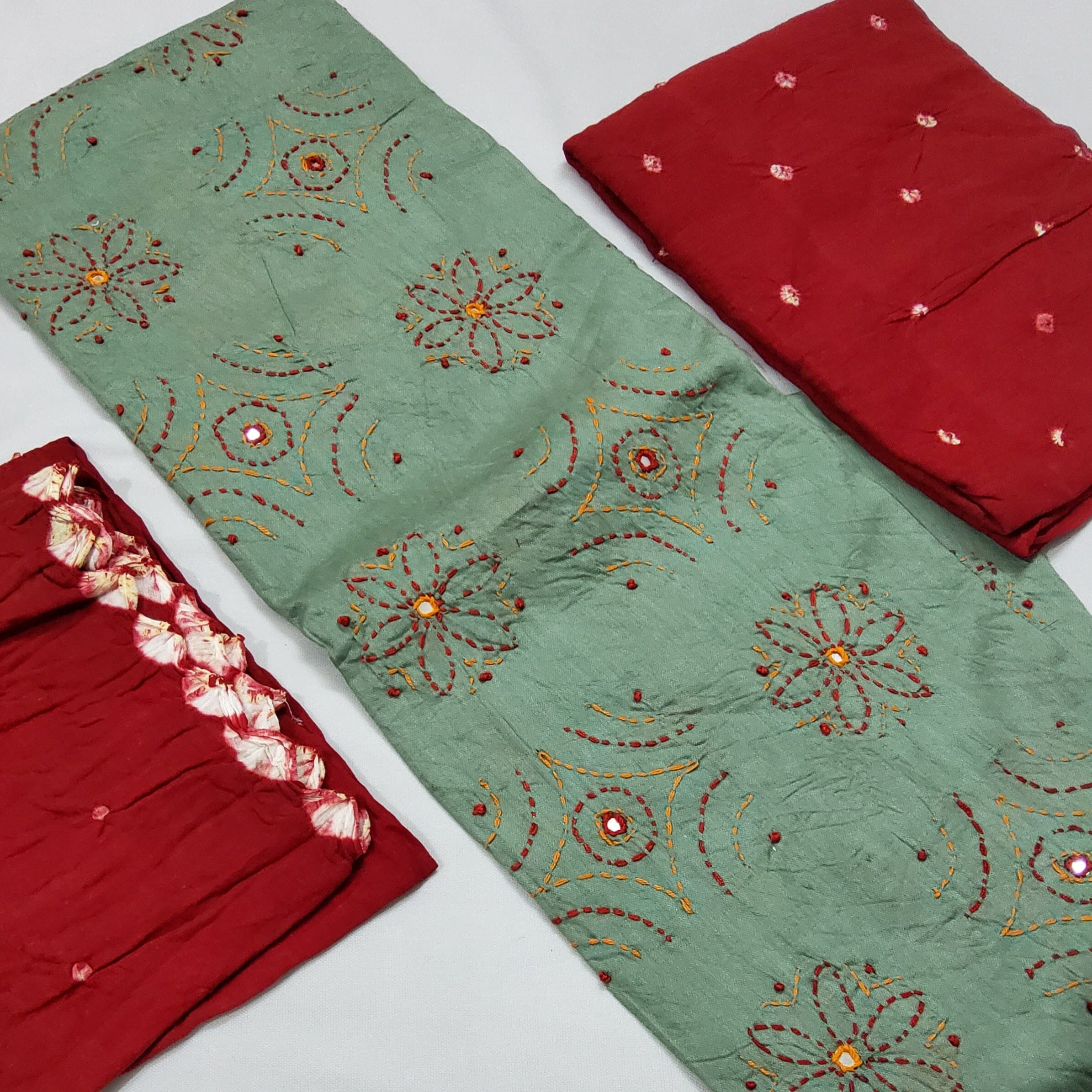 Tvis and Bliss. Brown and Maroon Tie and Dye Bandhani Cotton Mirror Work  Dress Material