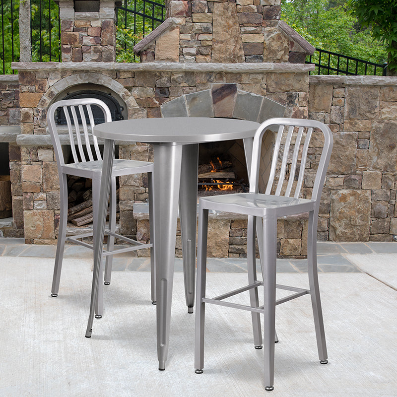 Commercial Grade 30" Round Silver Metal Indoor-Outdoor Bar Table Set with 2 Vertical Slat Back Stools [IFN-H4-280]