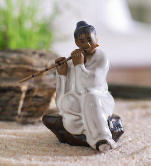 Fisherman in blue with fishing rod bonsai miniature figurine – Gaia Pottery  In