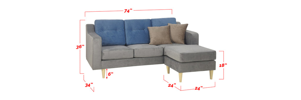 Cindra 3 Seater Fabric Sofa With Stool In Grey/ Blue