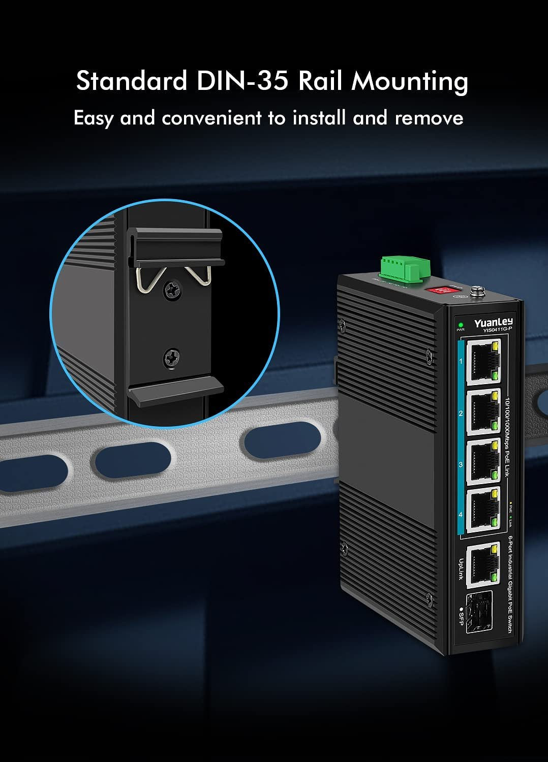 5-poorts industriële Gigabit PoE DIN-rail switch, 4 PoE+ poorten 1000Mbps, 1 Gigabit uplink, 1 SFP-p