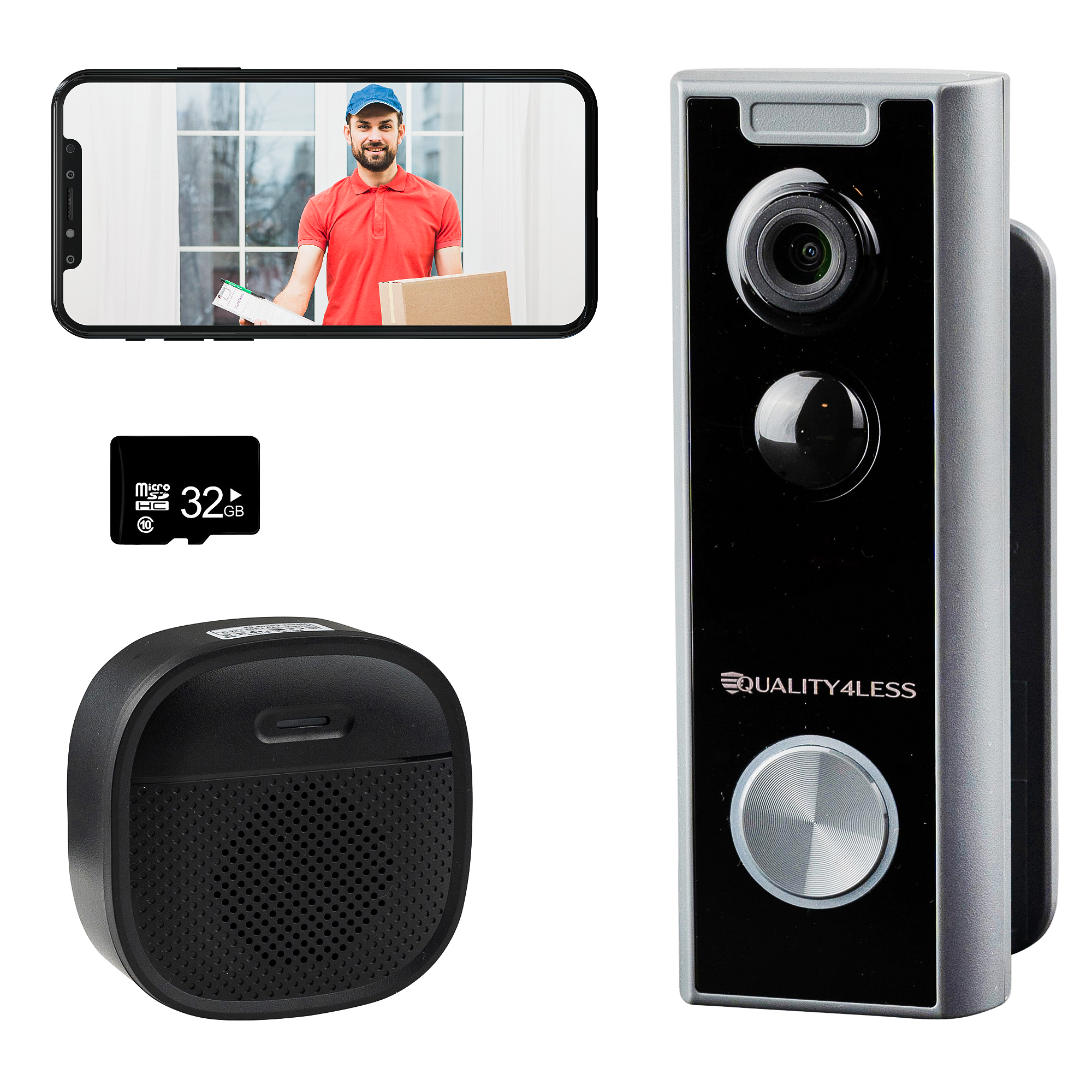 Quality4Less™ - Wireless Video Doorbell - Incl. Gong and SD Card - Full HD - Wifi Doorbell
