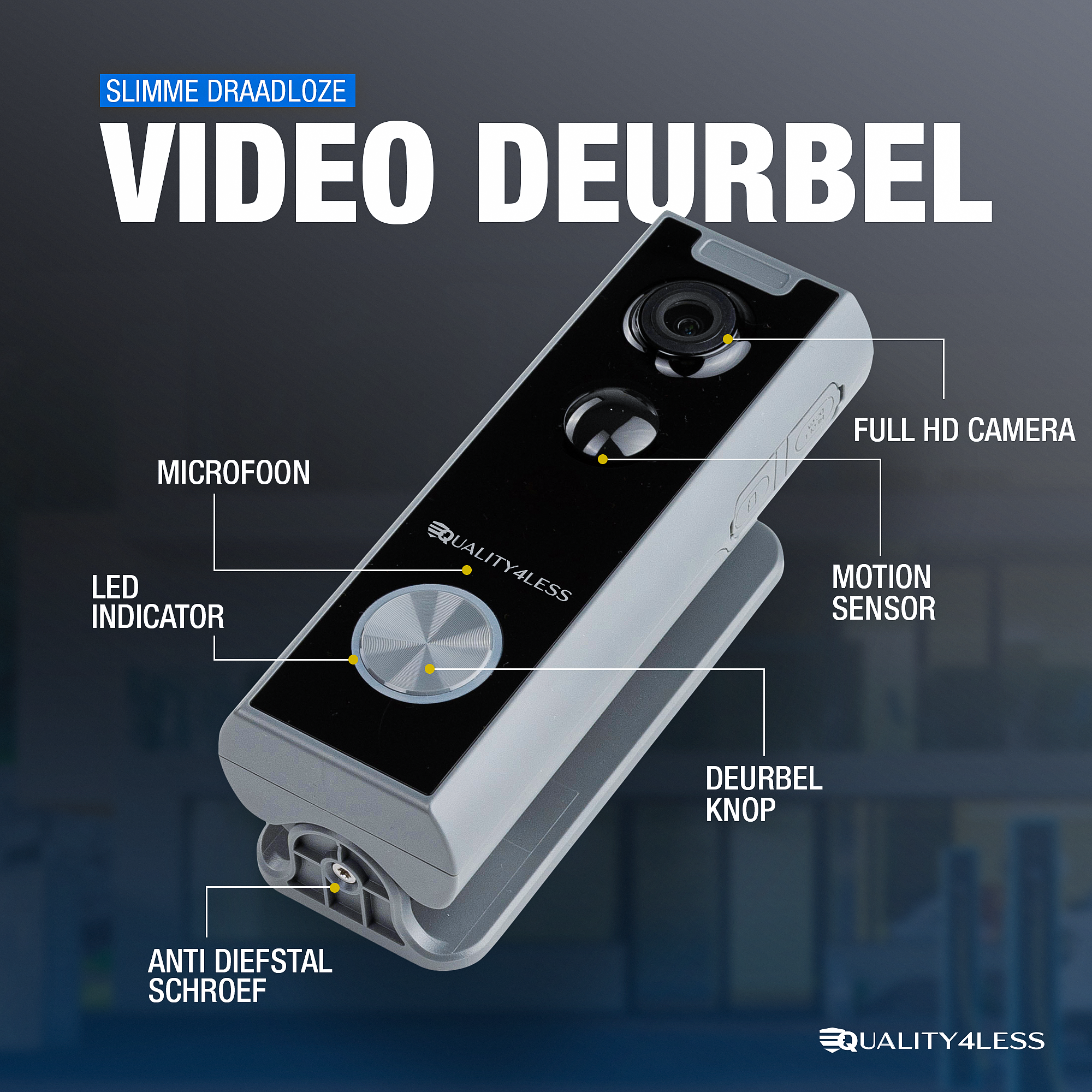 Quality4Less™ - Wireless Video Doorbell - Incl. Gong and SD Card - Full HD - Wifi Doorbell