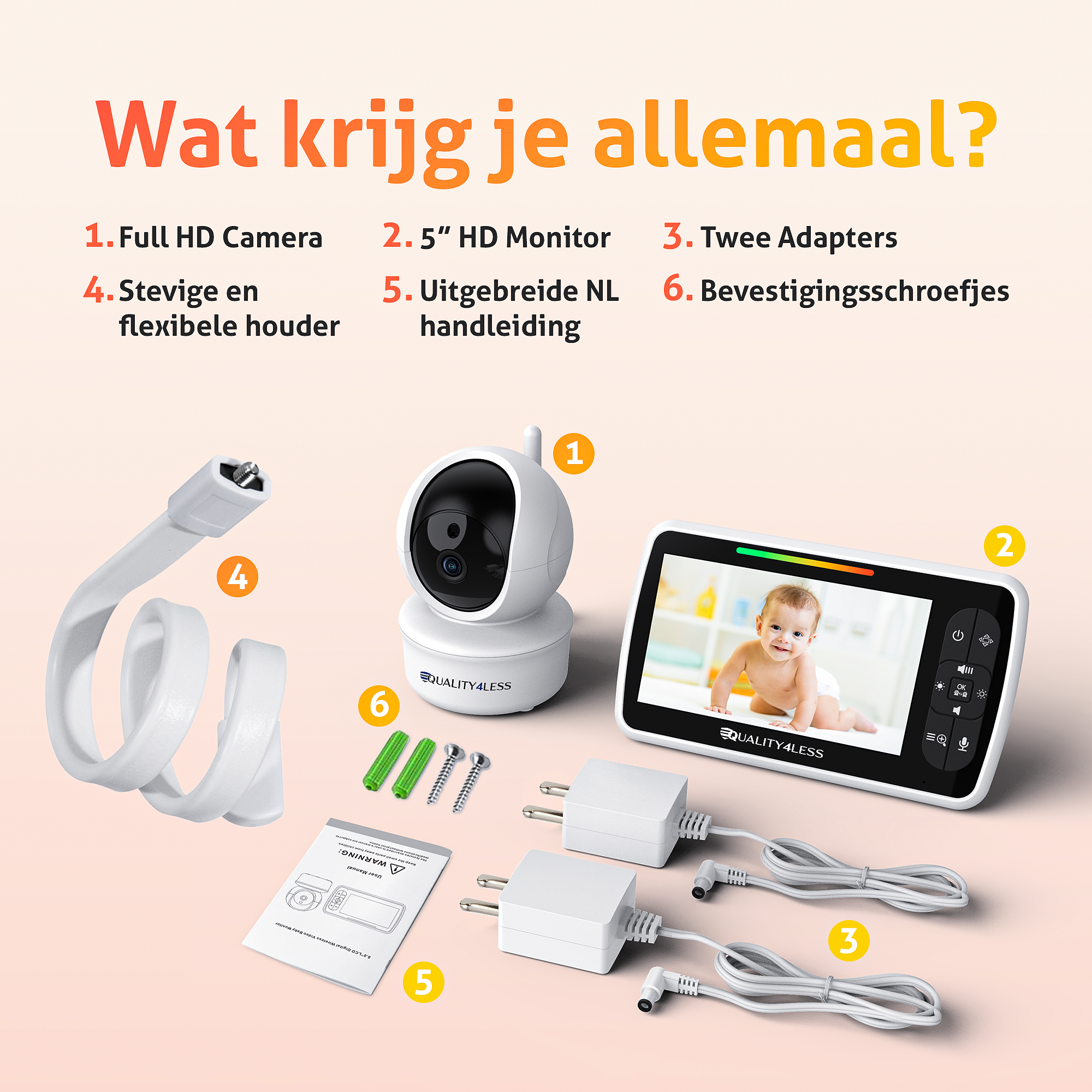 Quality4Less™ - Baby Monitor with Camera - Including holder - Remotely controllable - Audio & Video