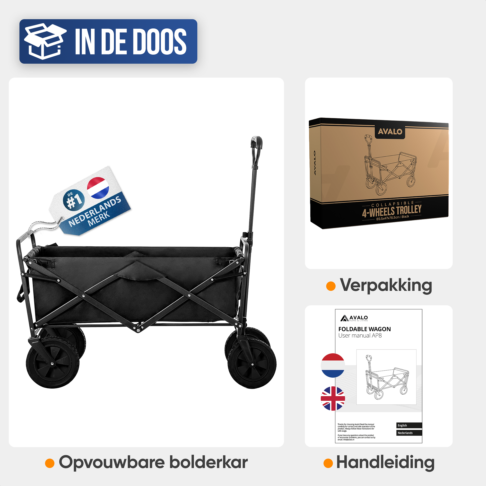 Avalo Bolderkar - Opvouwbaar - Tot 90KG - 72x47x47 CM - 65L - 360º Wielen - Zwart