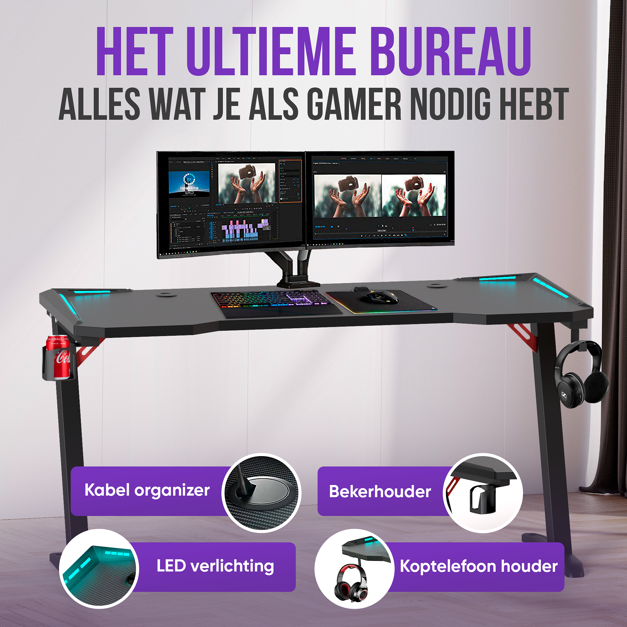 Avalo Gaming Bureau - 140x60x73 CM - Game Desk Met LED Verlichting - Tafel - Zwart