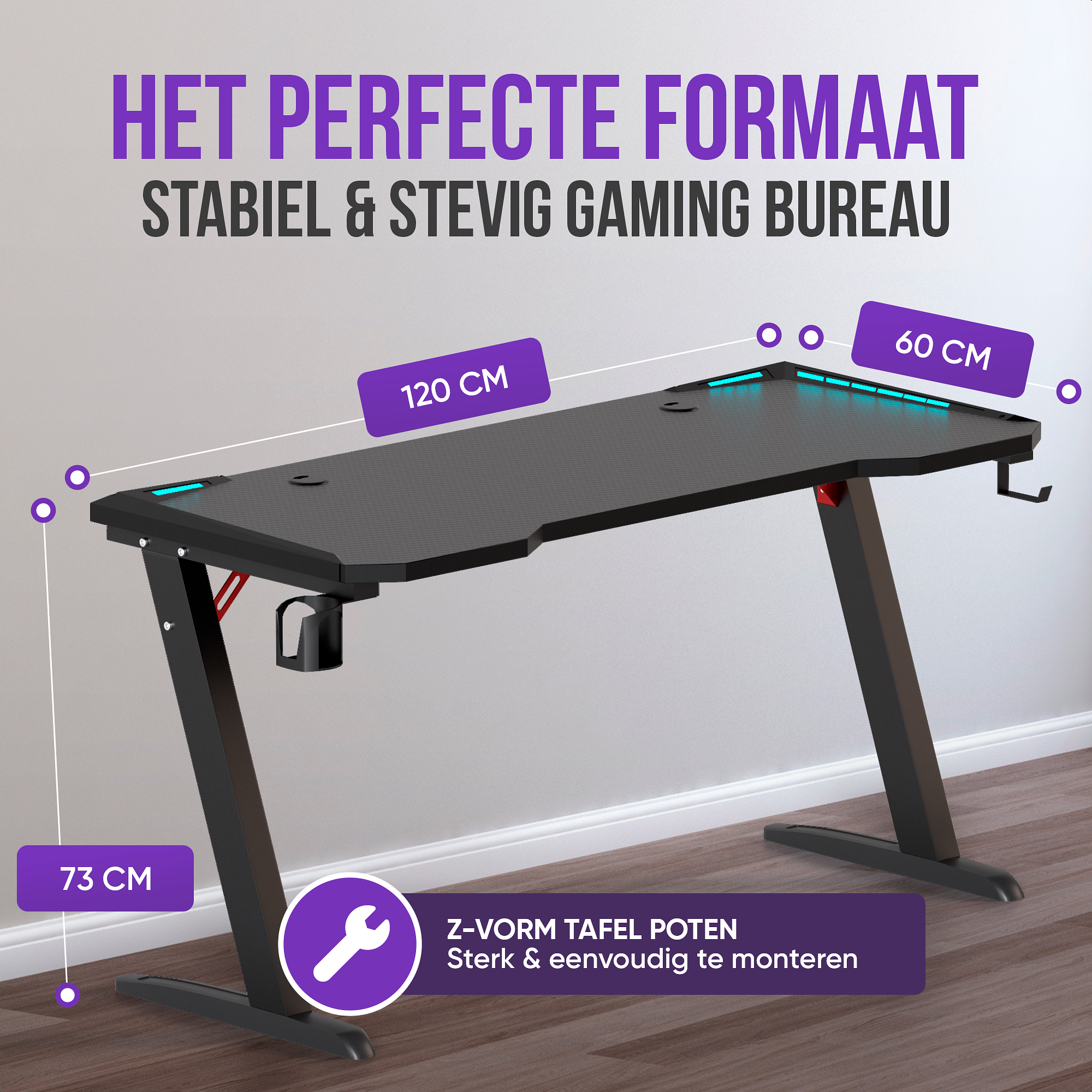 Avalo Gaming Bureau - 140x60x73 CM - Game Desk Met LED Verlichting - Tafel - Zwart