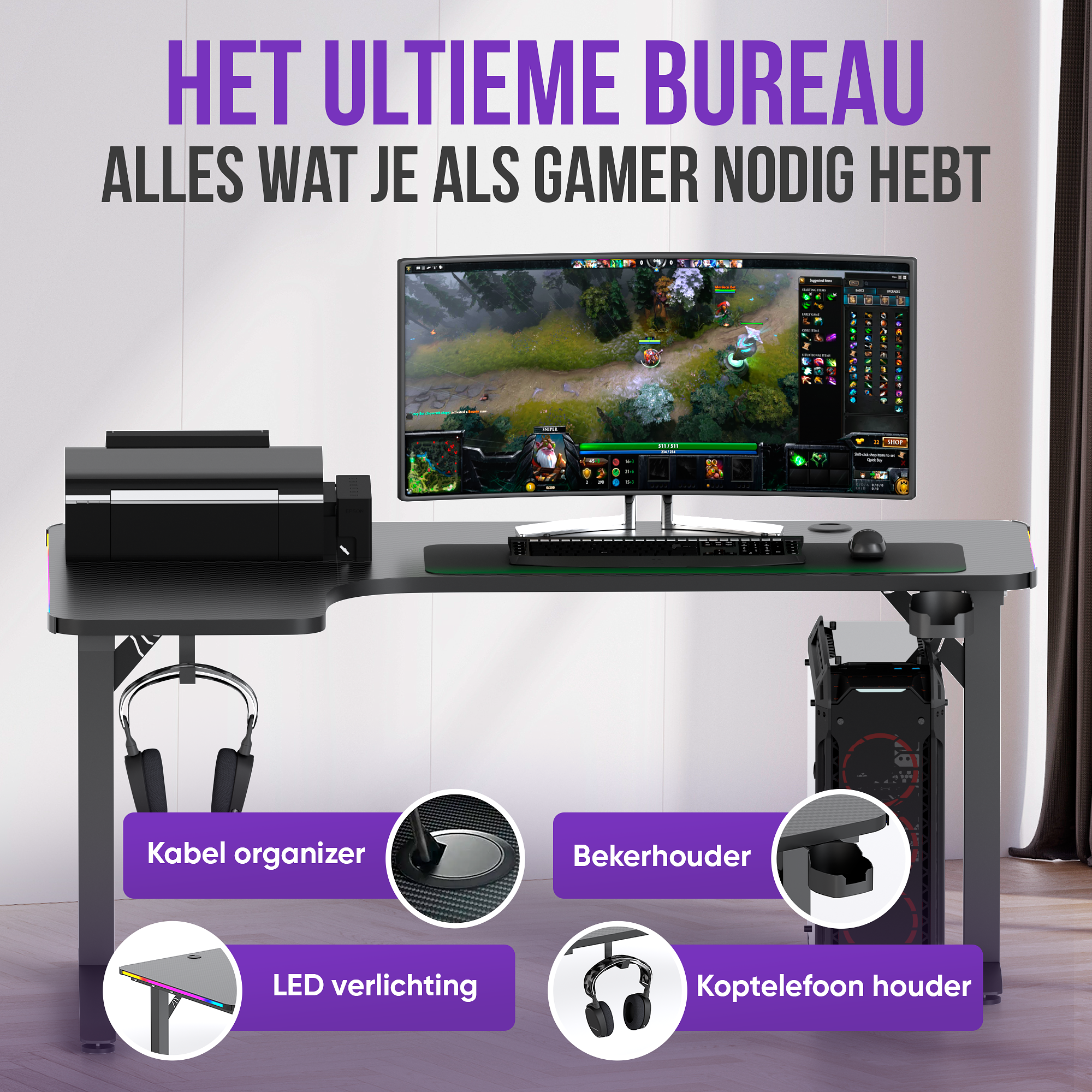Avalo Gaming Bureau - 160x100x75 CM - L Vormig Hoekbureau - Game Desk Met LED Verlichting - Tafel -