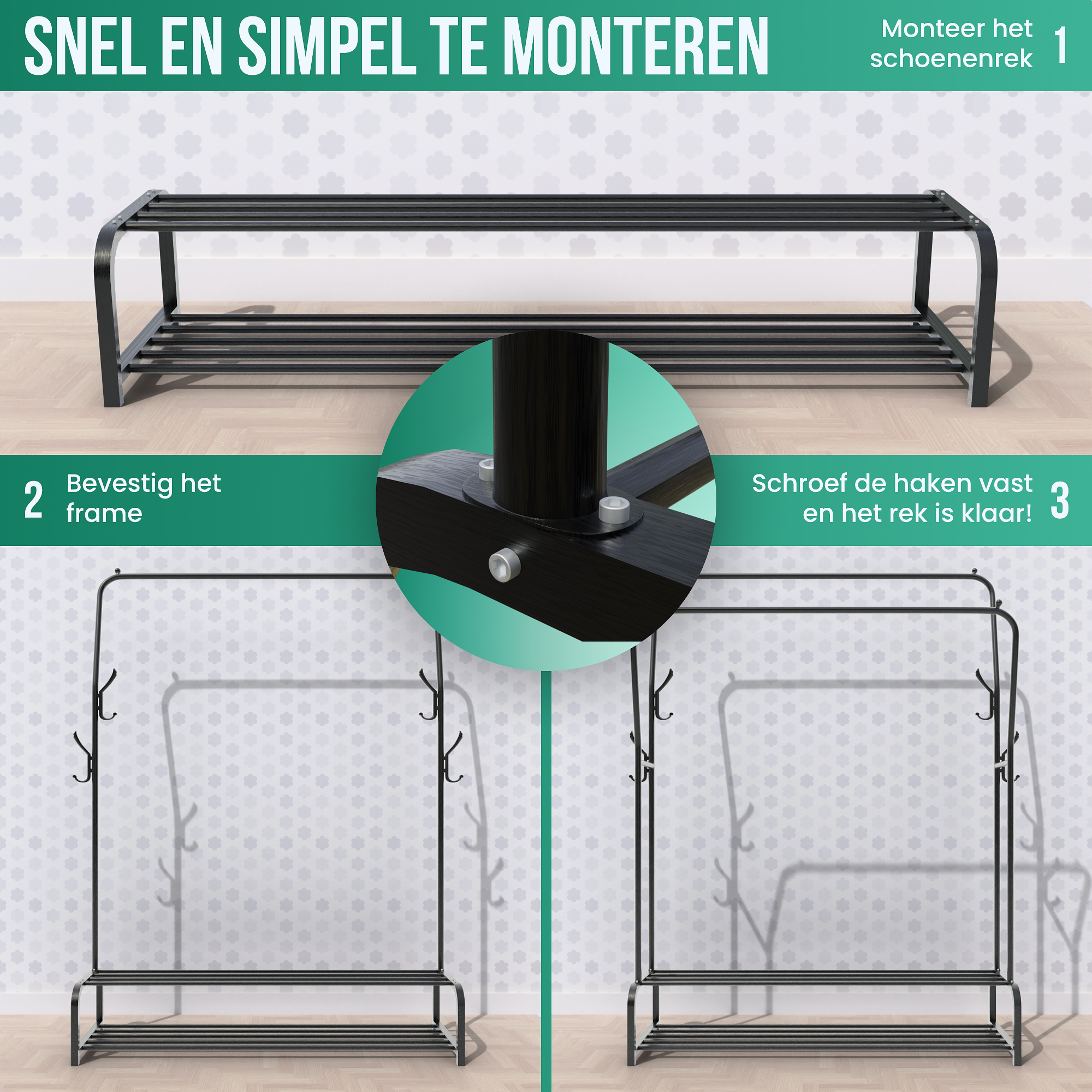 Avalo Industrieel Kledingrek Dubbele Stang - Metaal - 110x33x150 CM - Zwart - Opbergruimte Voor Scho