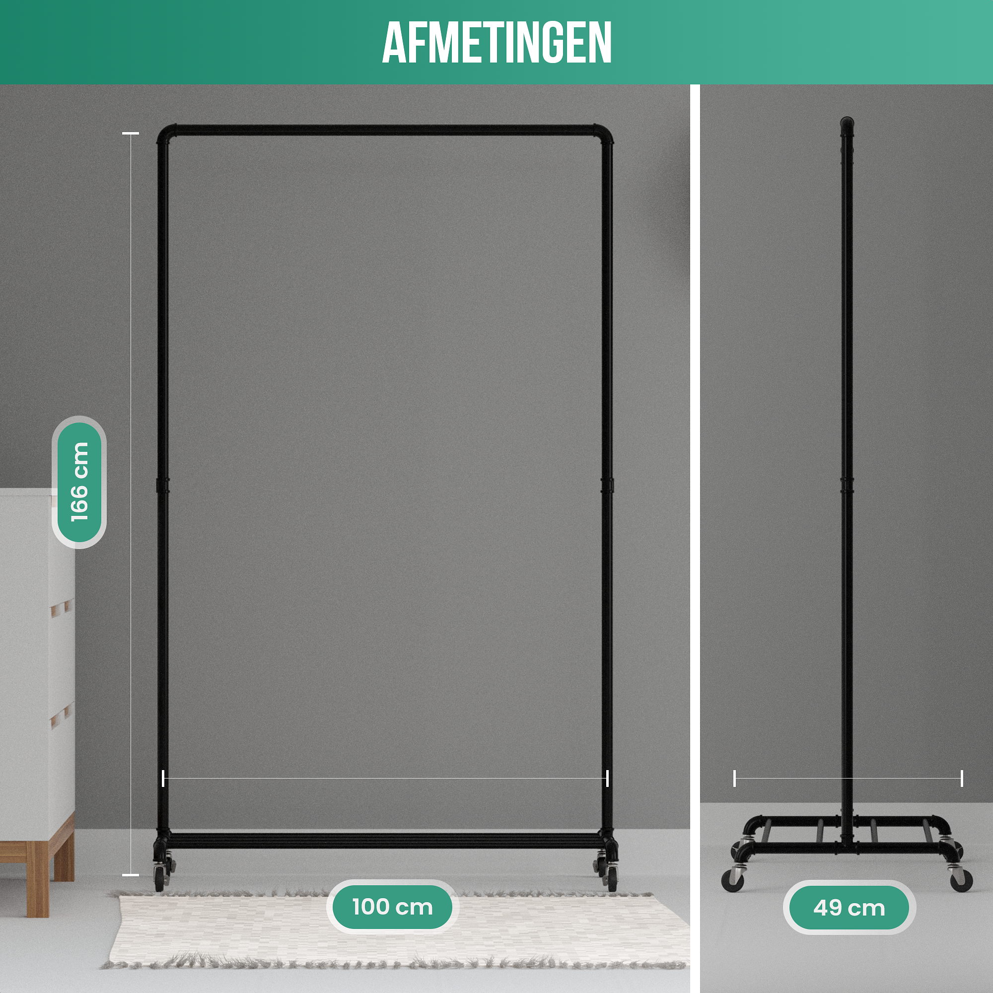 Avalo Industrieel Kledingrek op Wielen Zwart - Metaal - 100x49x166 - Opbergruimte Voor Schoenen