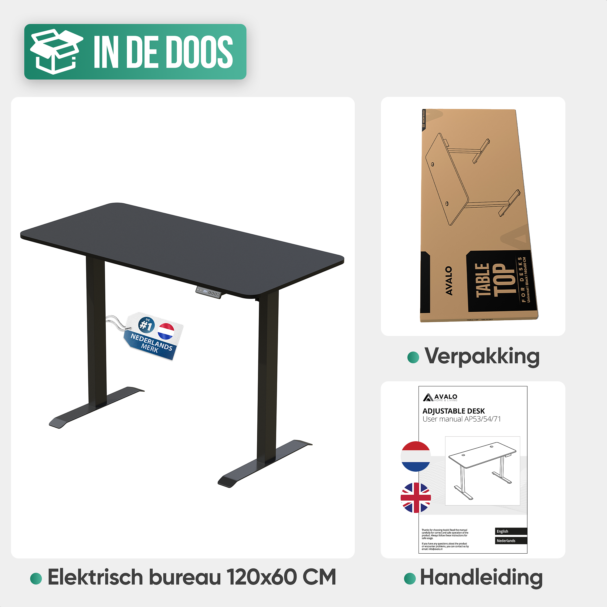 Avalo Zit Sta Bureau Elektrisch Verstelbaar - 120x60 CM - Zwart - Elektrisch Bureau