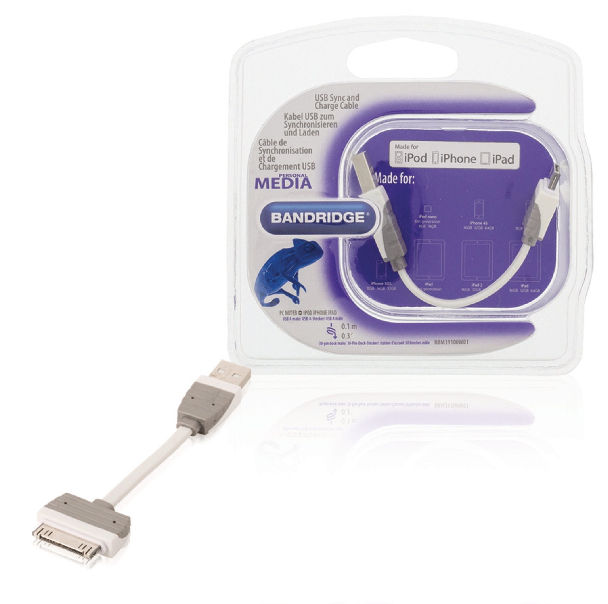 Bandridge Data en Oplaadkabel Apple Dock 30-Pins - USB A Male 0.10 m Wit