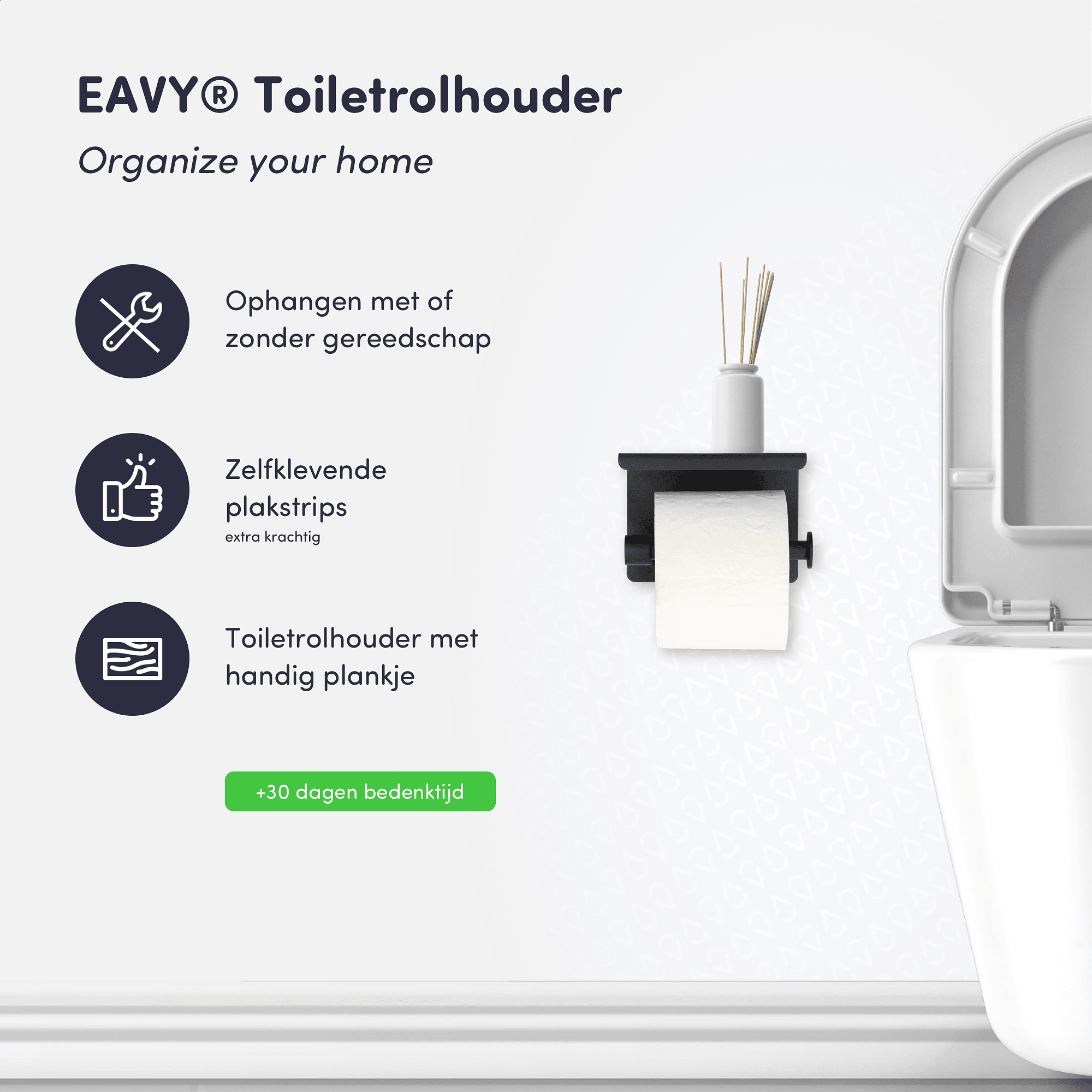 EAVY WC Rolhouder met Plankje - Zelfklevend of Boren - Toiletrolhouder - Zwart