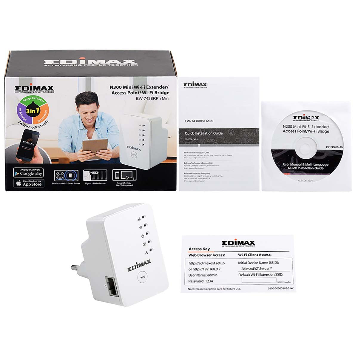 Edimax Draadloze Repeater/Extender N300 2.4 GHz 10/100 Mbit Wit