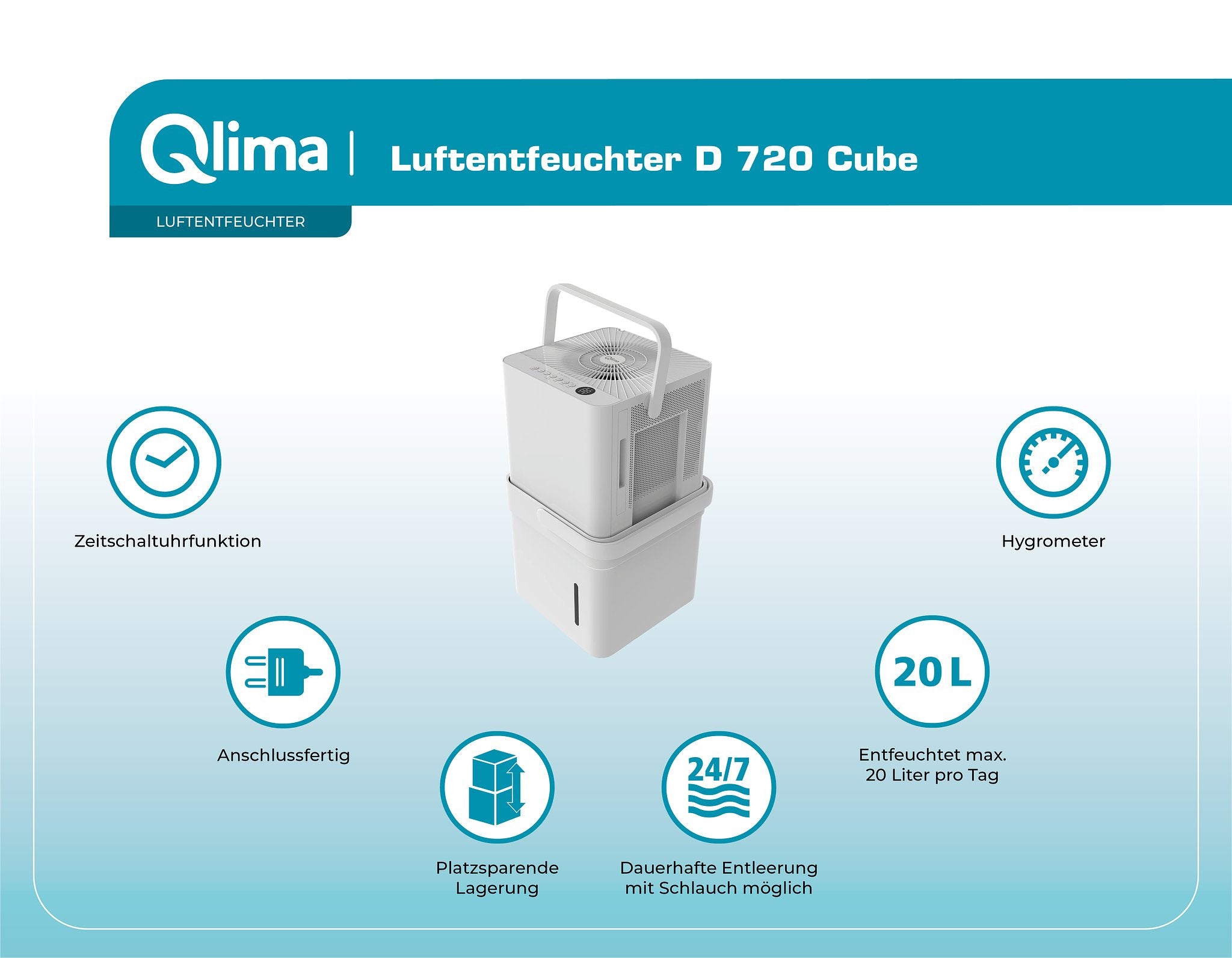 EOL Qlima D 720 Cube WiFi Luchtontvochtiger - Wit - 20 L/Dag - Fluisterstil