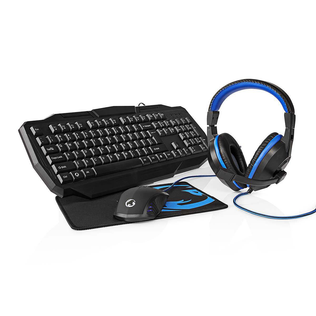 Gaming Combo Kit | 4-in-1 | Toetsenbord, Koptelefoon, Muis en Muismat | Zwart/Blauw | QWERTY | Itali