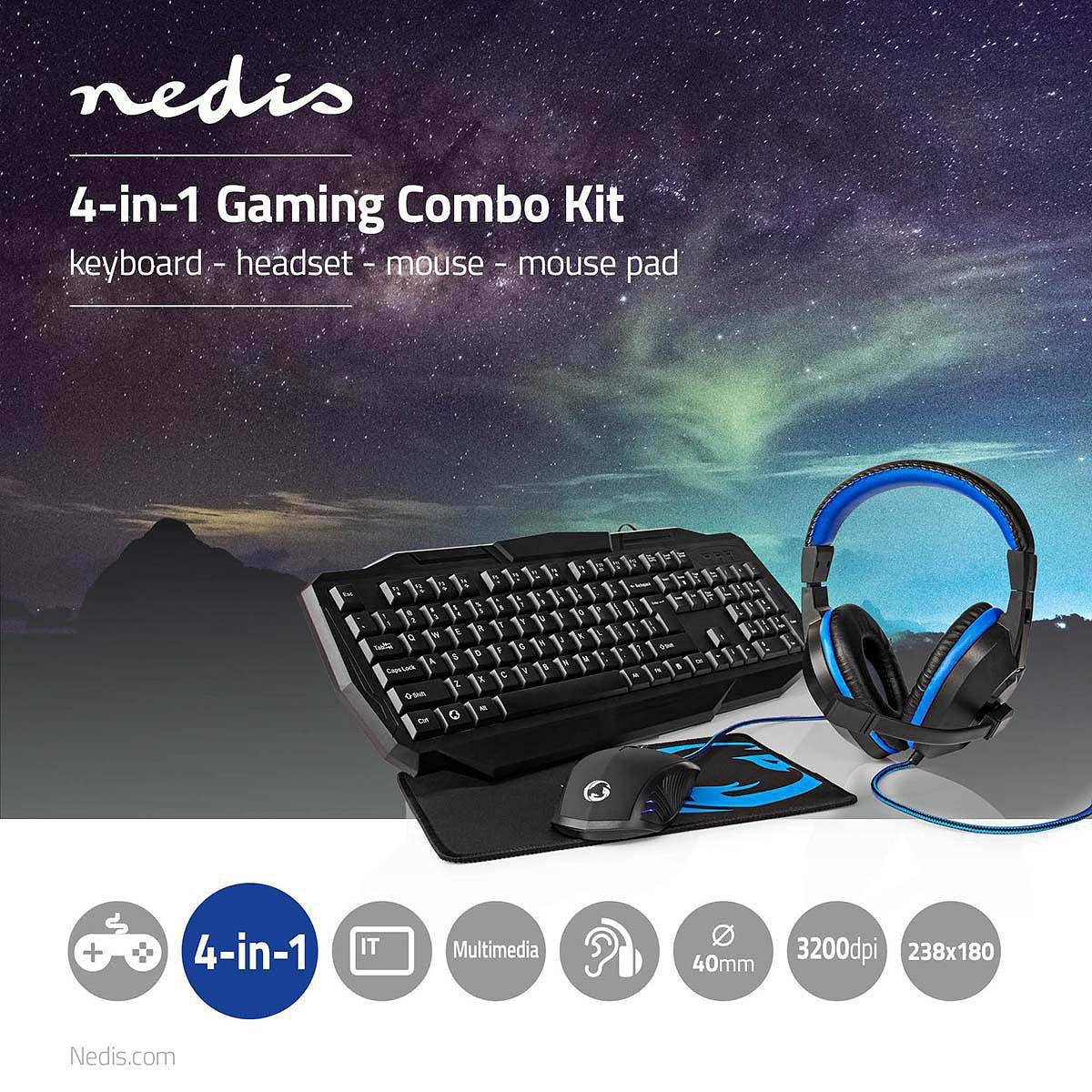 Gaming Combo Kit | 4-in-1 | Toetsenbord, Koptelefoon, Muis en Muismat | Zwart/Blauw | QWERTY | Itali