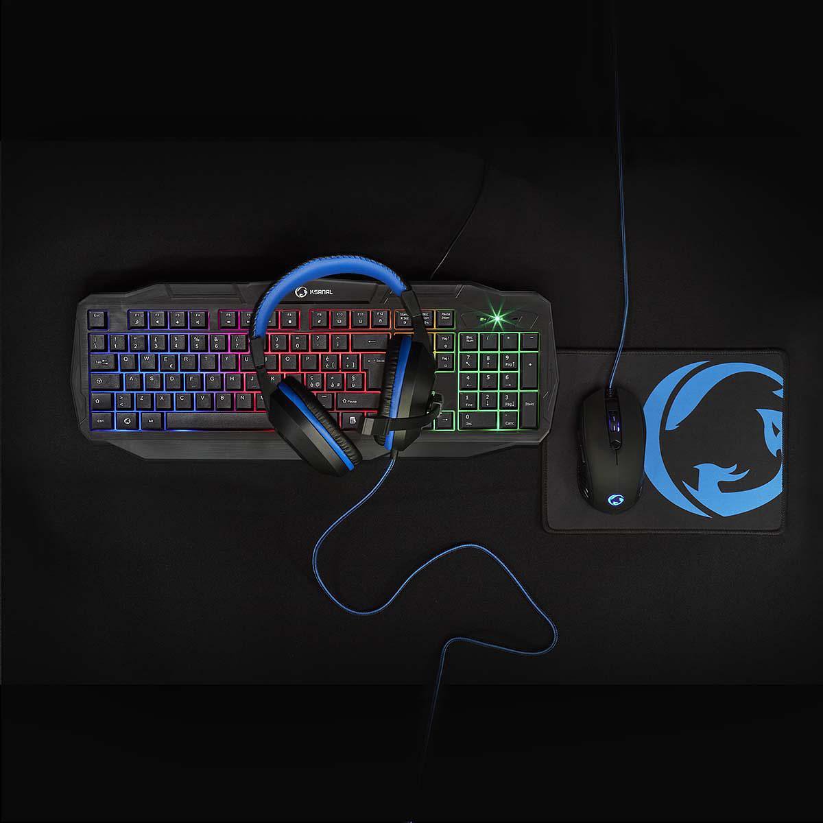 Gaming Combo Kit | 4-in-1 | Toetsenbord, Koptelefoon, Muis en Muismat | Zwart/Blauw | QWERTY | Itali