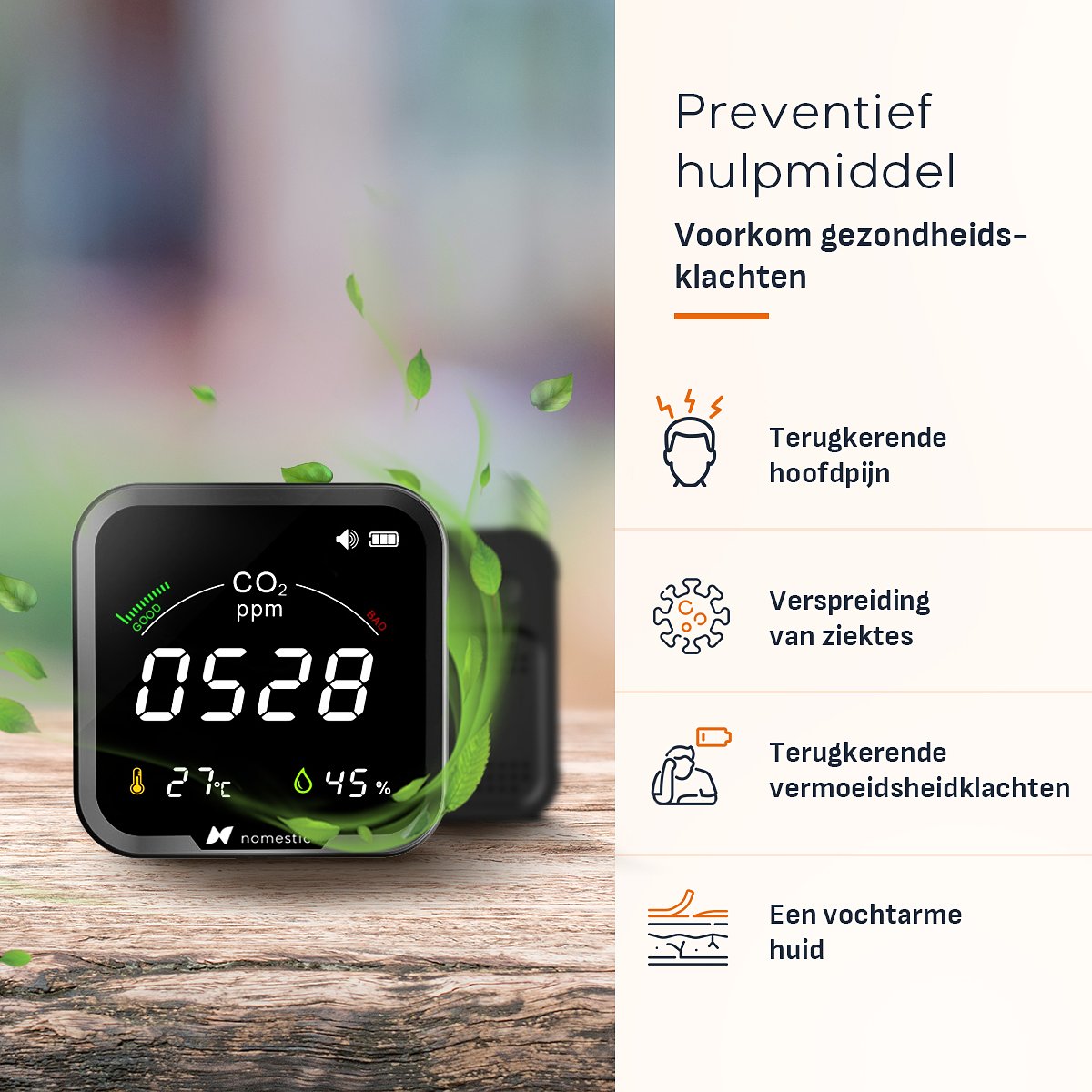 Nomestic Airsight CO2 Meter - With Hygrometer and Thermometer - Self-calibrating NDIR sensor