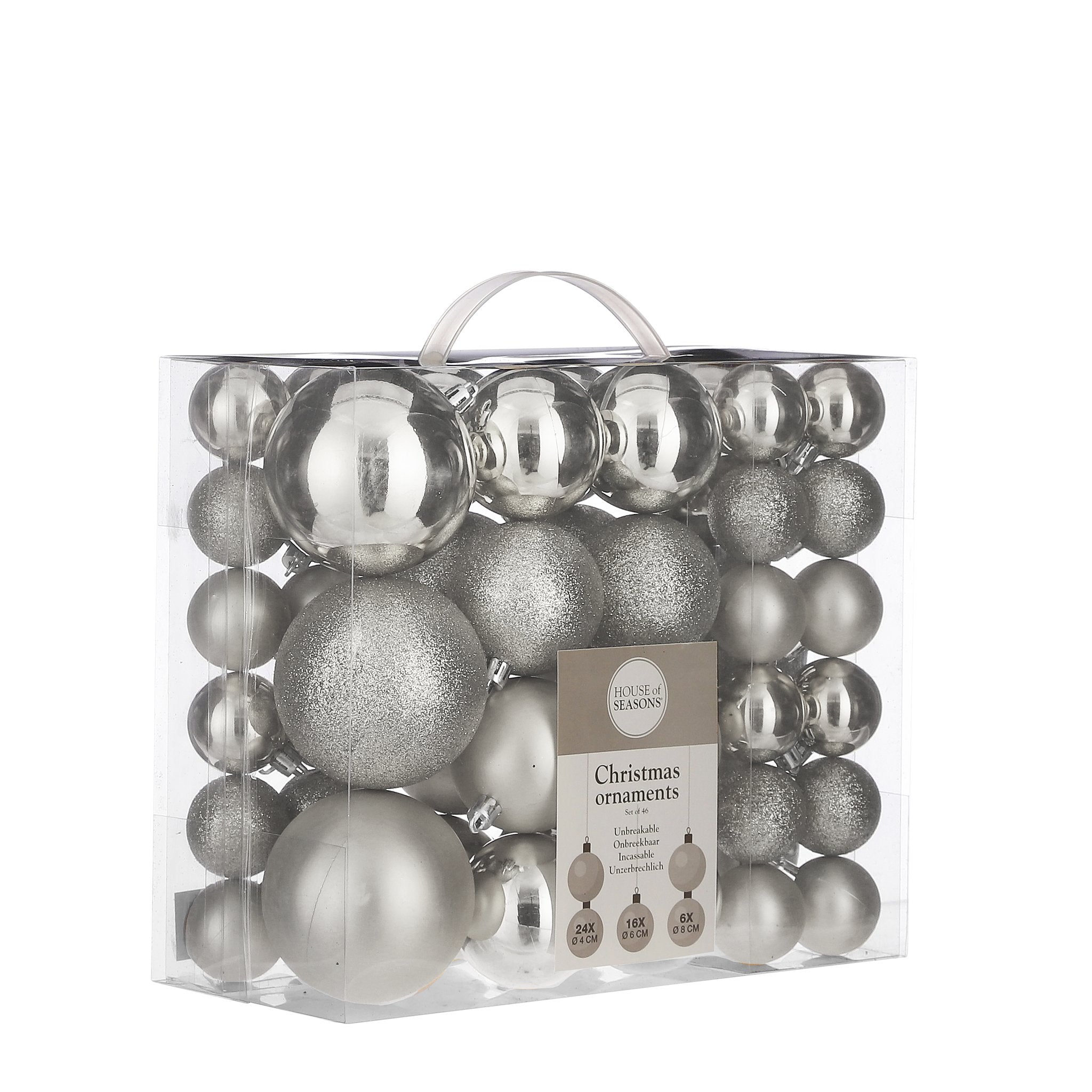 House of Seasons Shatterproof Plastic Christmas Baubles - 46 Pieces - Ø4, 6, 8 cm - Silver