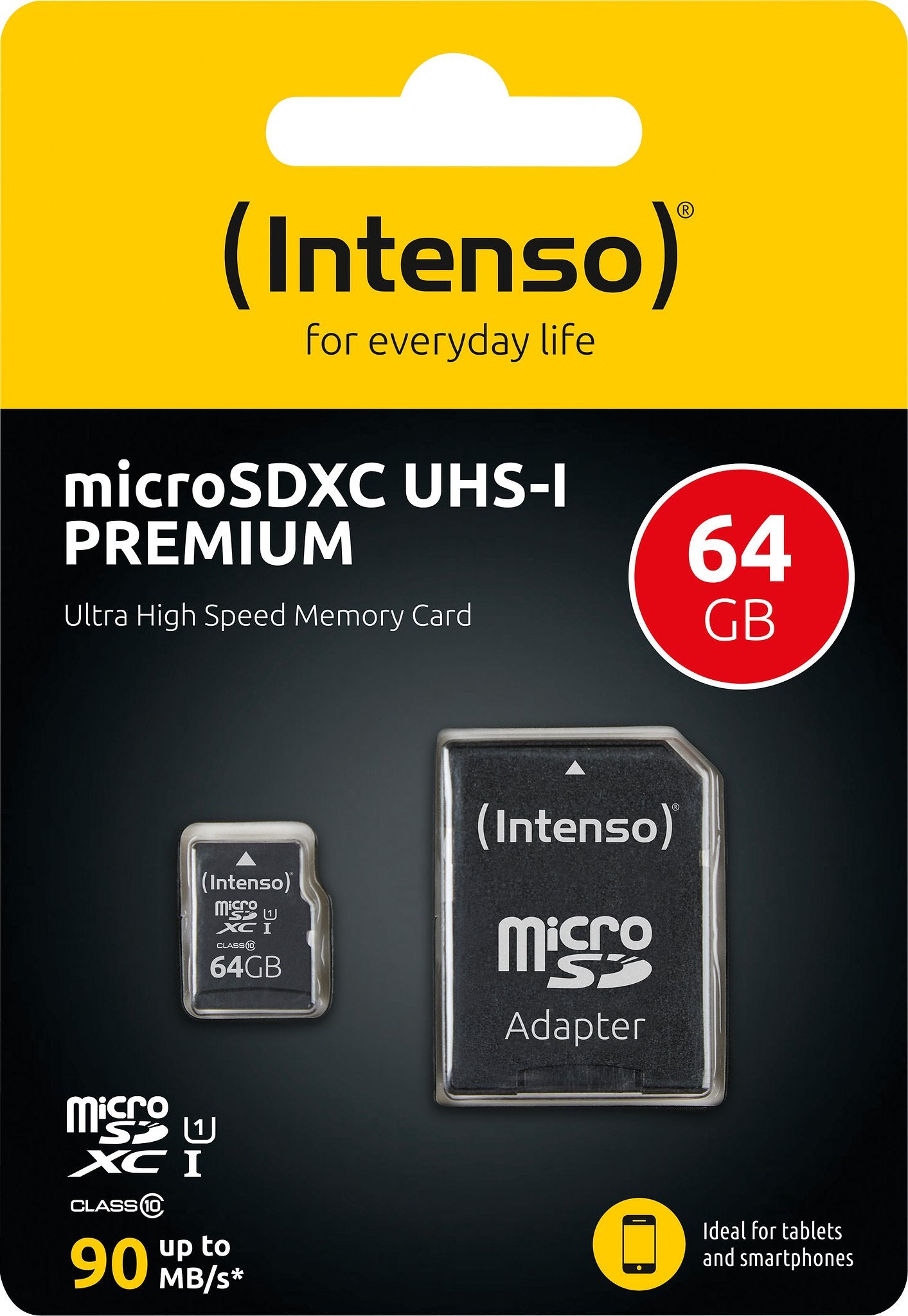 Intenso microSDXC Card 64GB, Premium, Class 10, U1 (R) 90MB/s, (W) 10MB/s, SD adapter, retail bliste