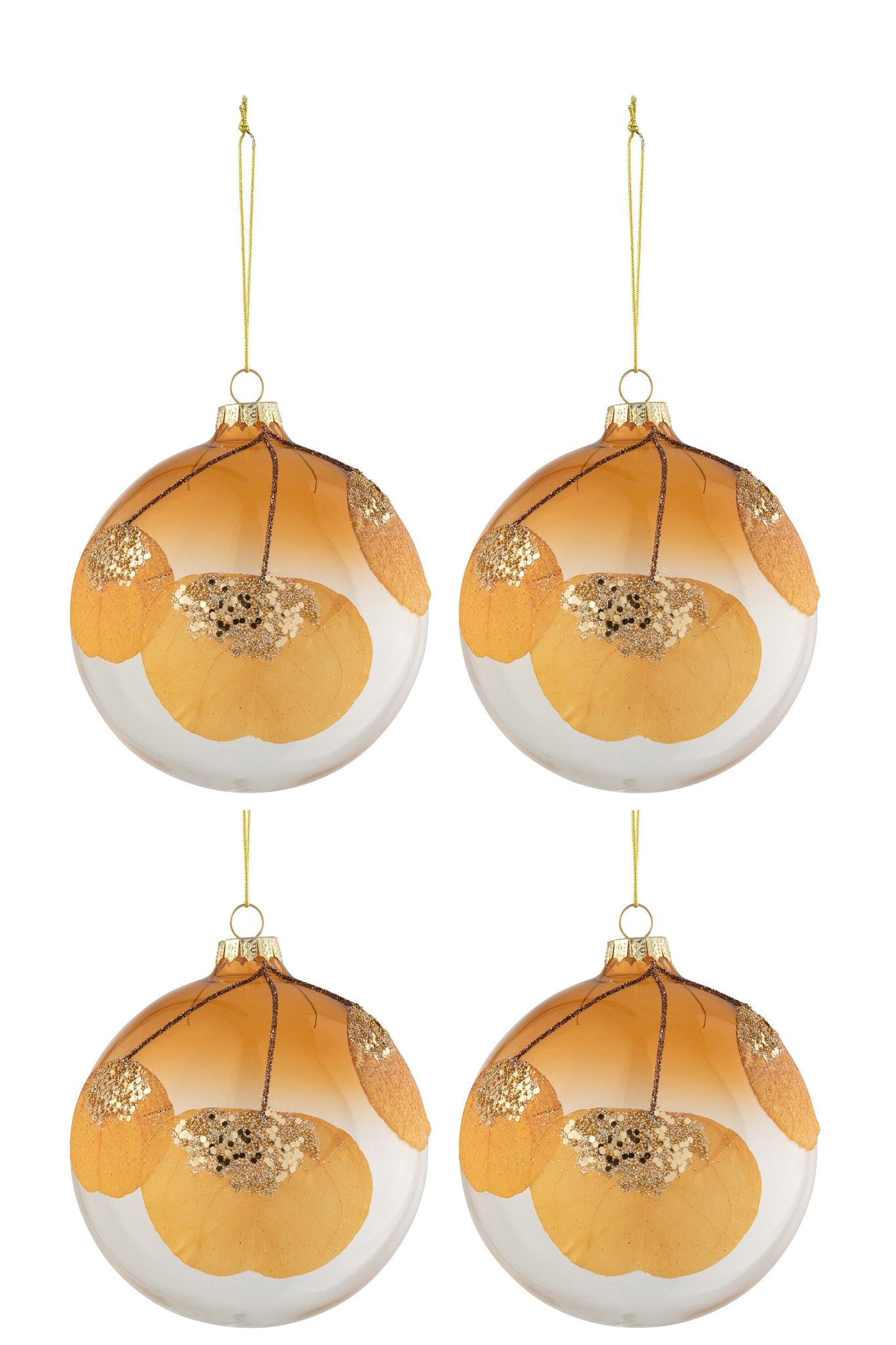 J-Line Doos Van 4 Kerstballen Gedroogd Blad Oker+Glitter Glas Transparant Medium