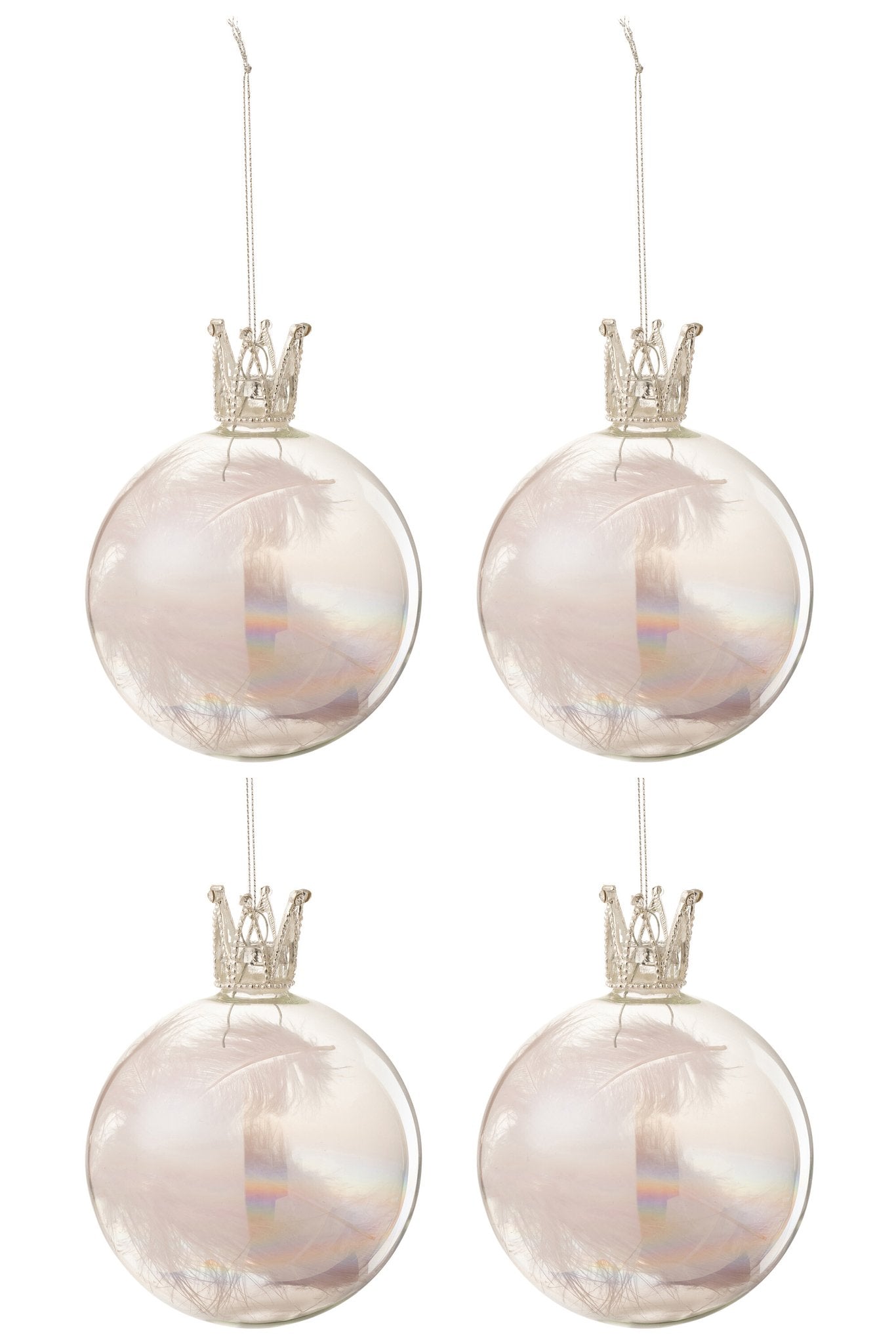 J-Line Doos Van 4 Kerstballen Kroon Pluim Licht Roze Glas Klaar Medium