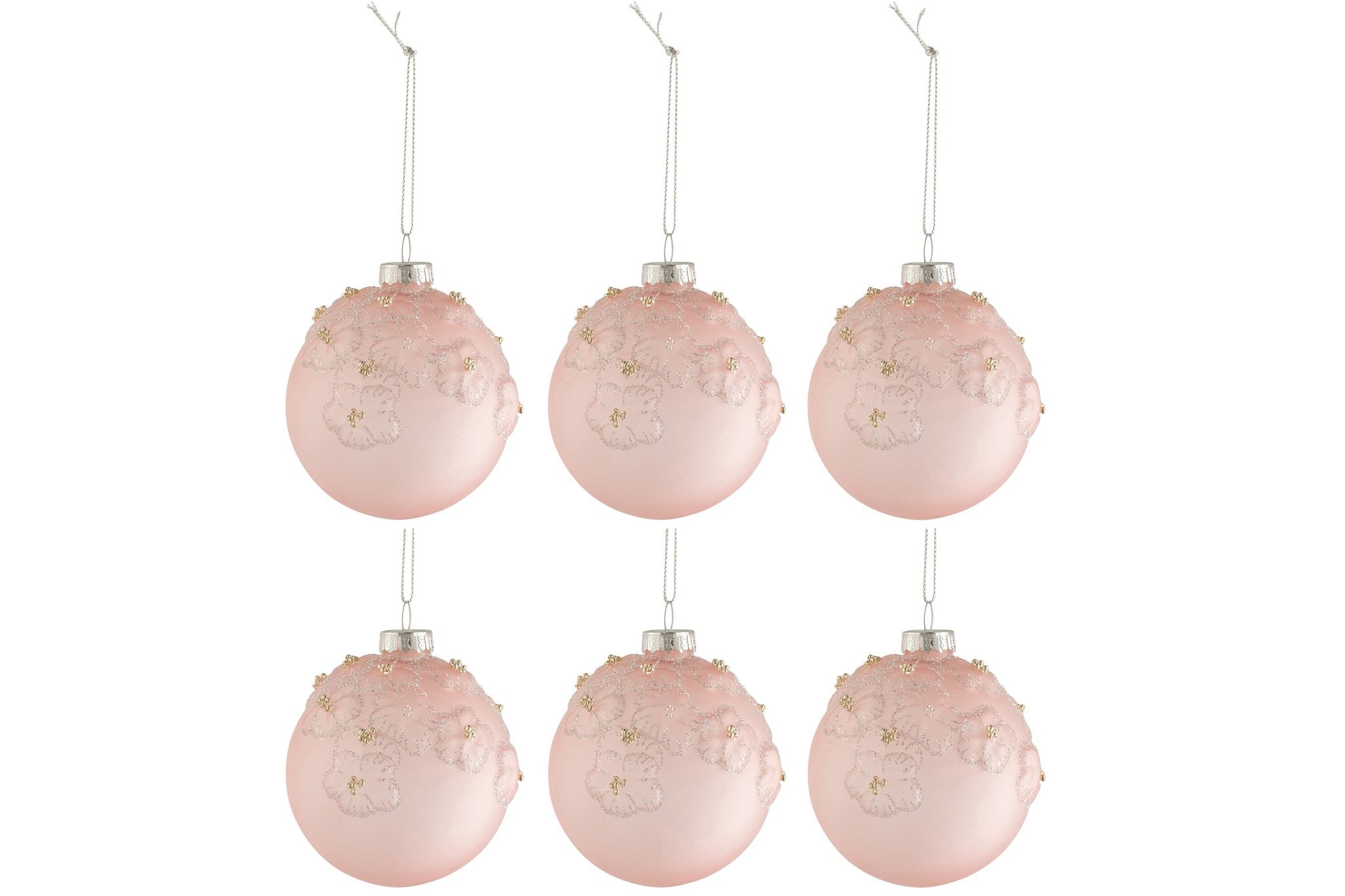 J-Line Doos Van 6 Kerstballen Bloemen Glas Mat Opal Licht Roze Small