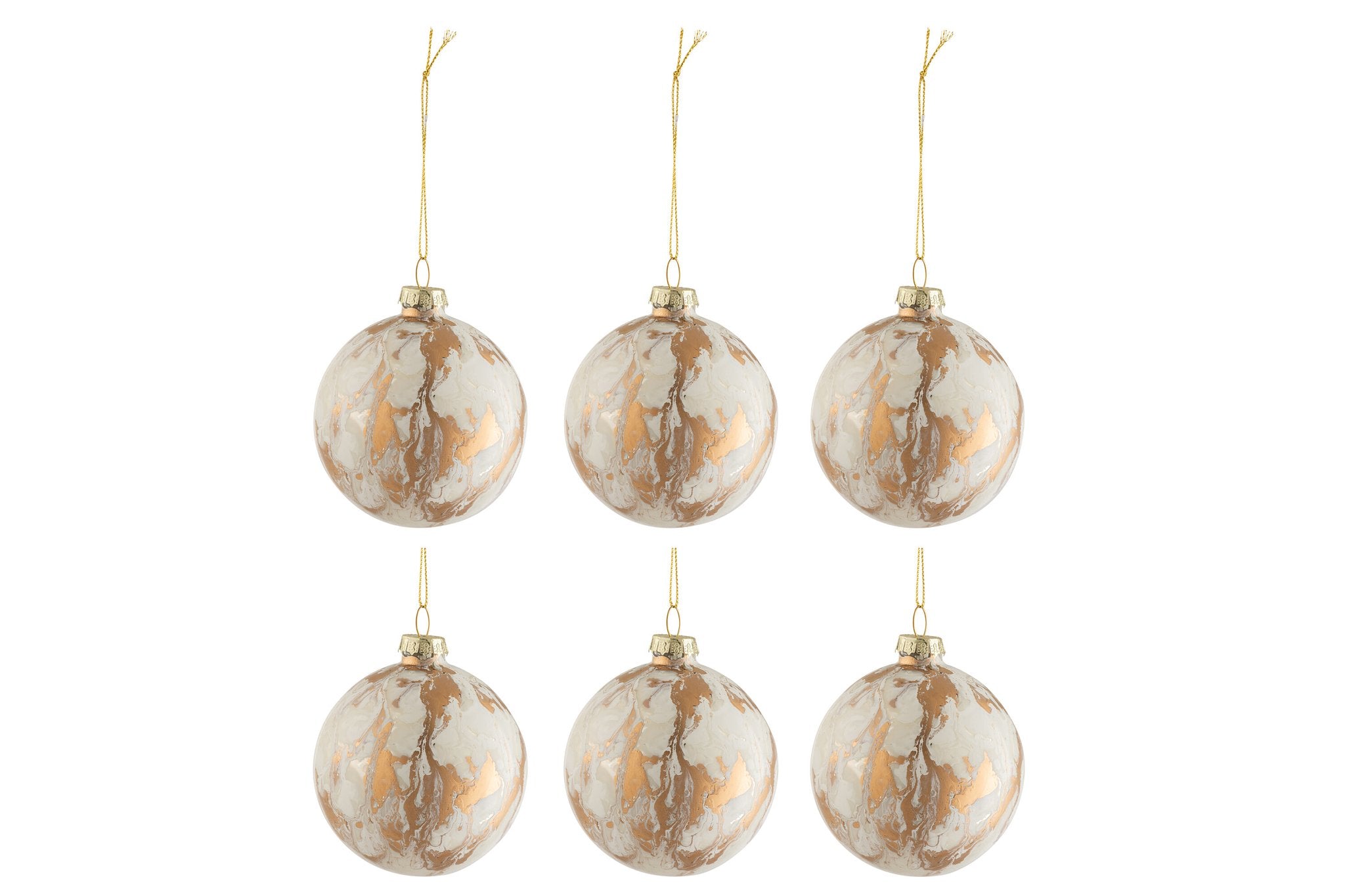 J-Line Doos Van 6 Kerstballen Marmerlook Glas Wit/Goud Small