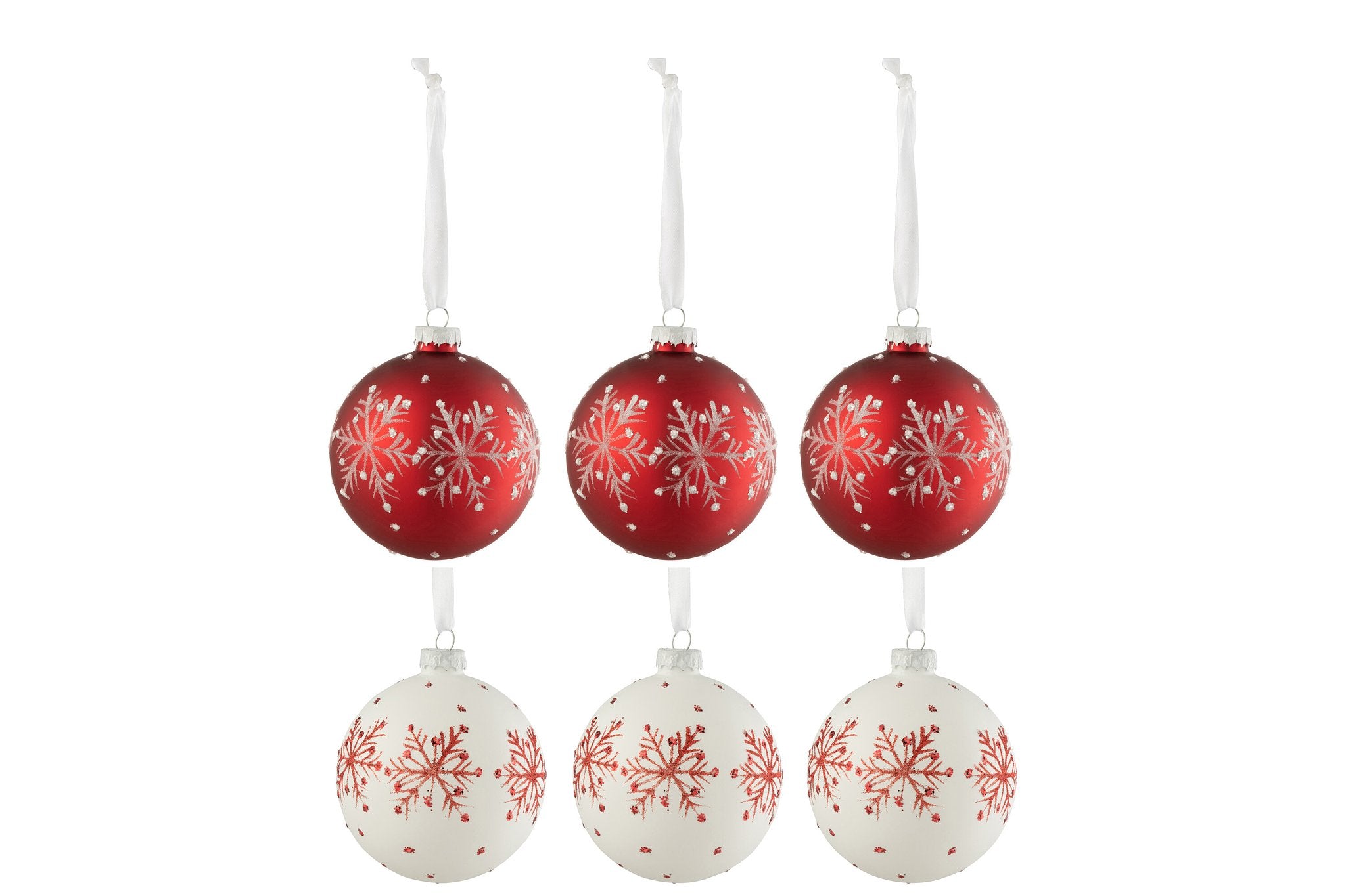 J-Line Doos Van 6 Kerstballen Sneeuwvlokken Glitter Glas Wit/Rd Small