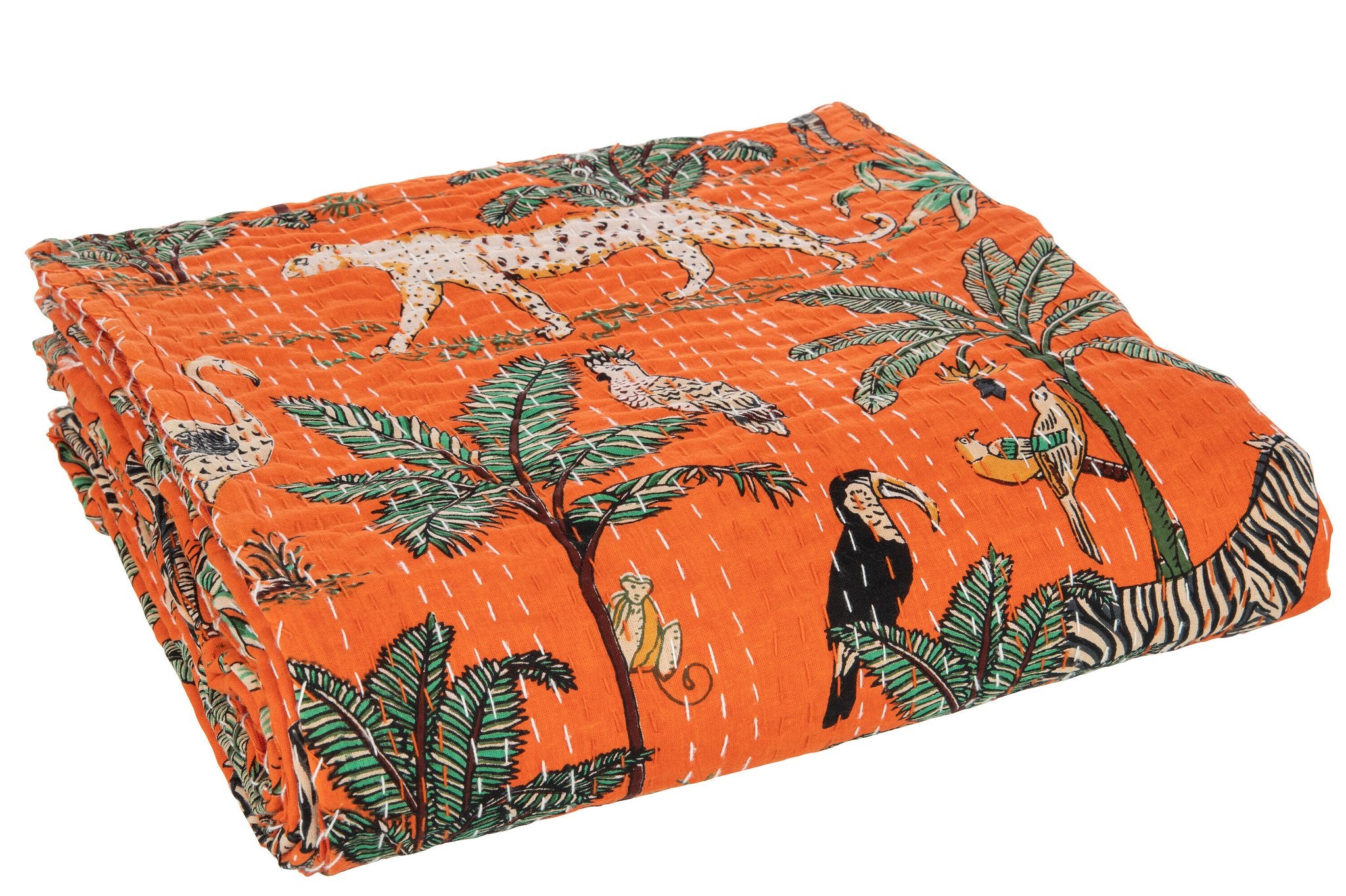 J-Line Plaid/Strand Mat Exotisch Dieren/Planten Hechtingen Katoen Oranje Large