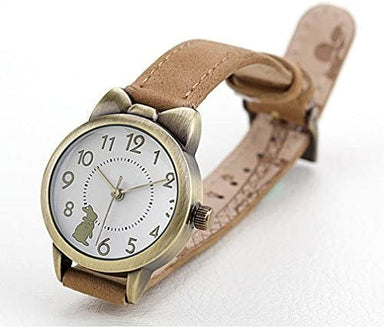 Kinderhorloge - rabbit - konijn - licht bruin leren bandje - met bronzen konijntje - Communie cadeau