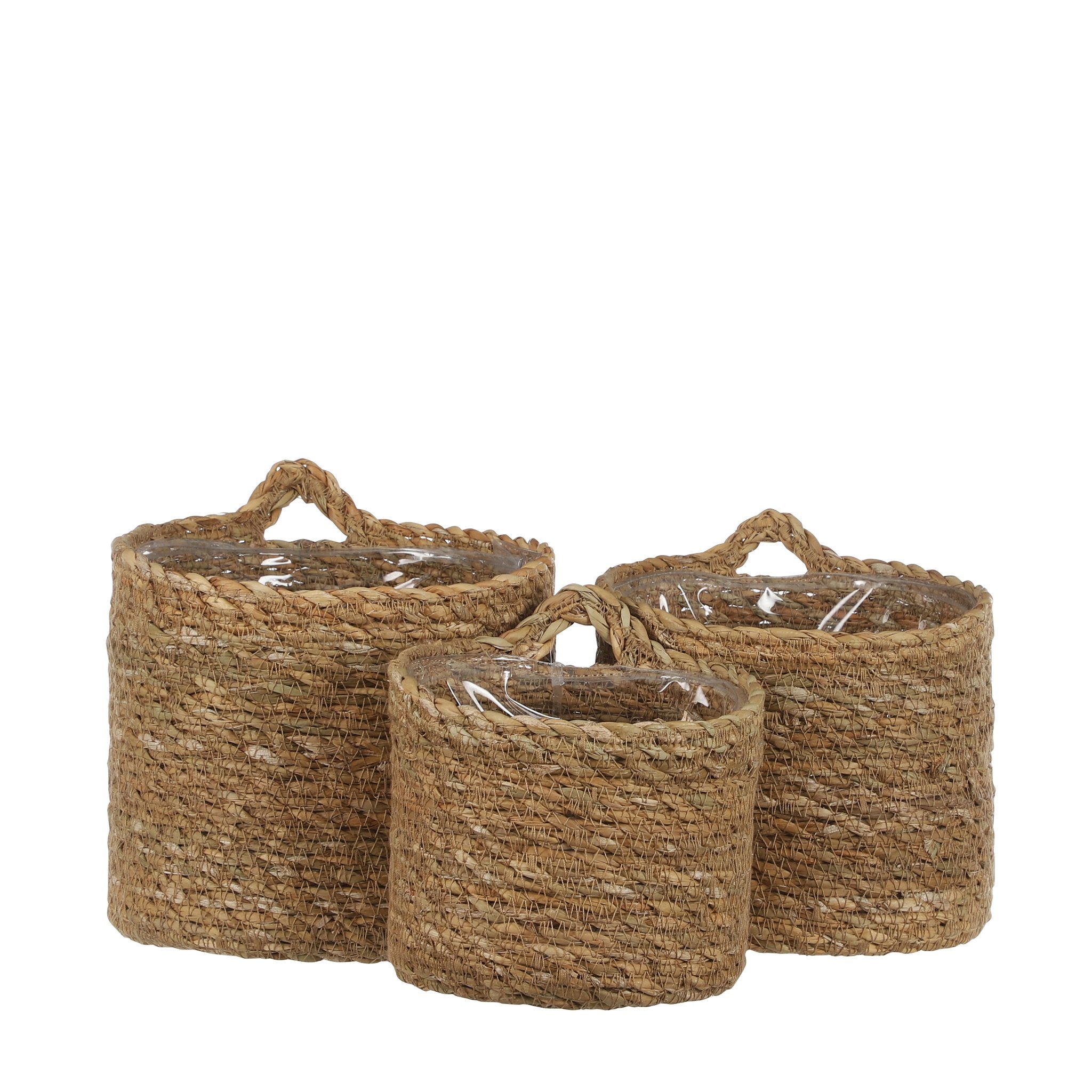 Mica Decorations Atlantic Hanging Plant Basket - Set of 3 - H16 x Ø16 cm - Seagrass - Light Brown