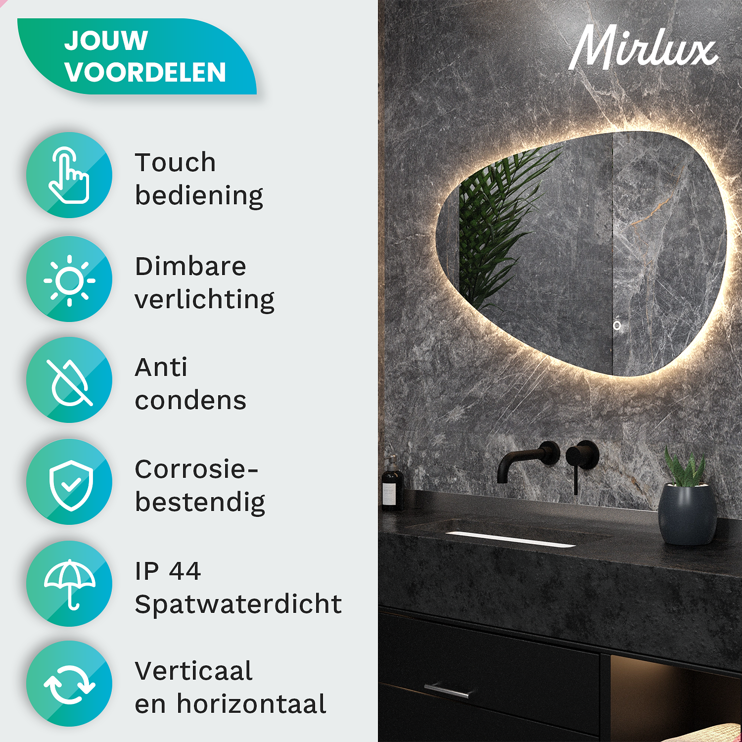 Mirlux Bathroom Mirror with LED Lighting - Asymmetrical wall mirror - Anti condensation - 90X60CM