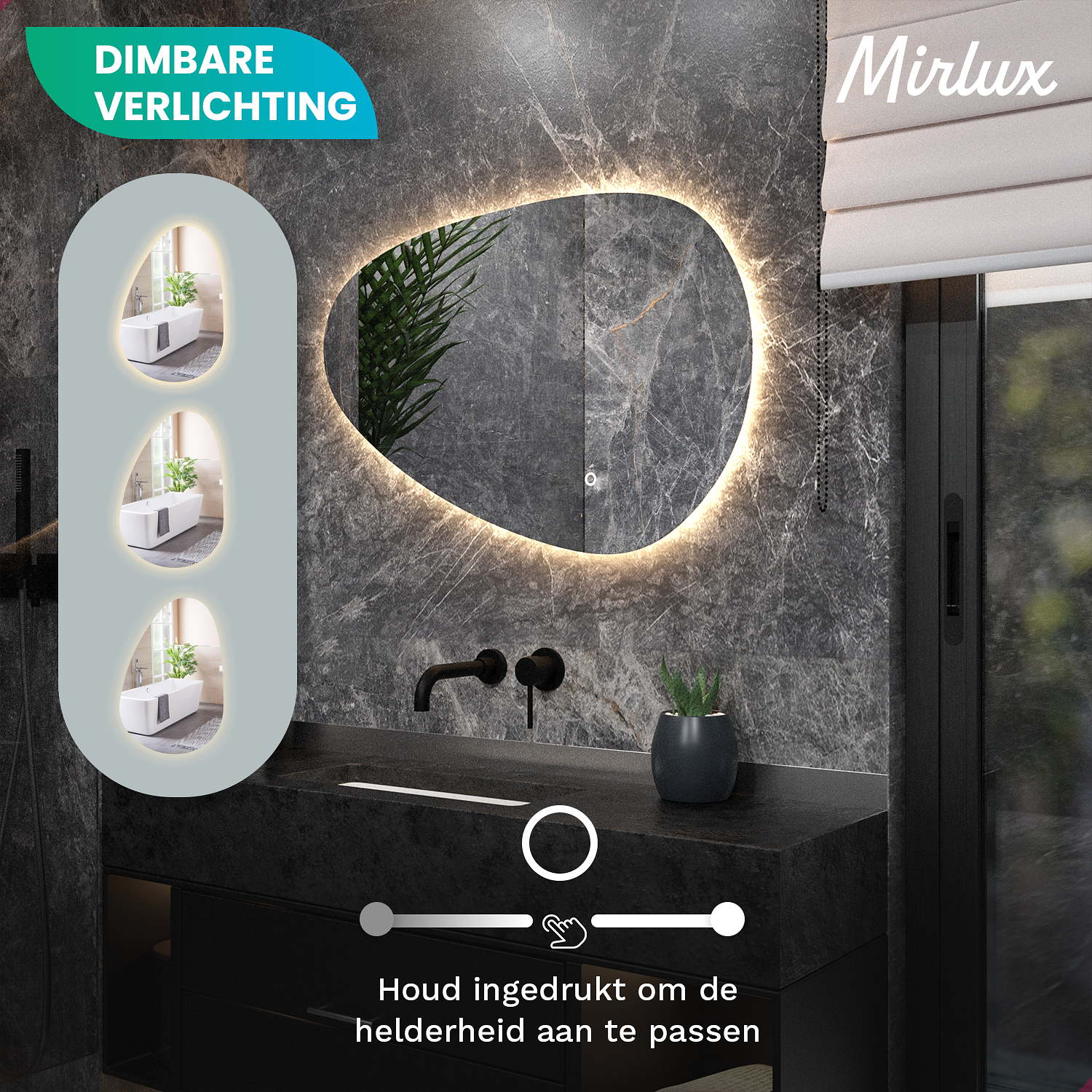 Mirlux Bathroom Mirror with LED Lighting - Asymmetrical wall mirror - Anti condensation - 90X60CM