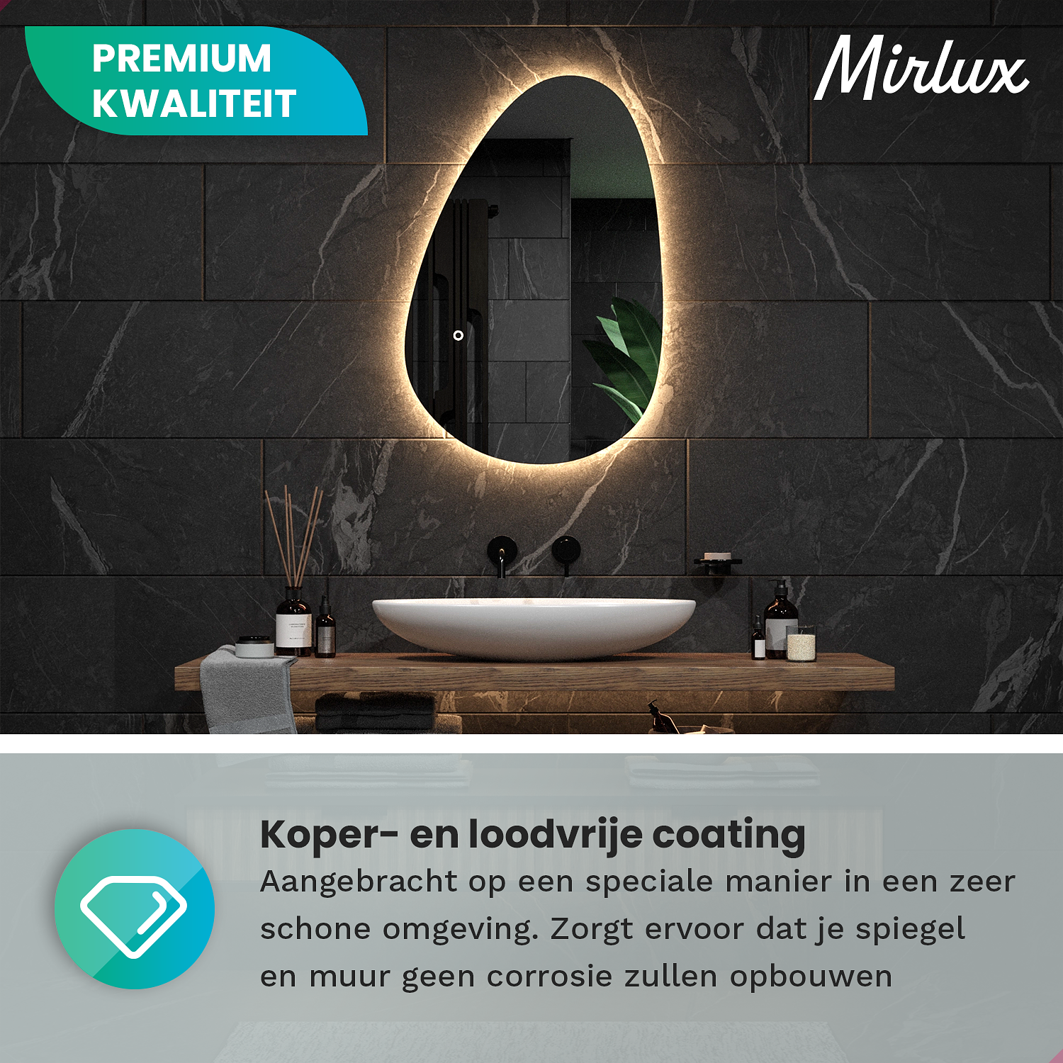 Mirlux Bathroom Mirror with LED Lighting - Asymmetrical wall mirror - Anti condensation - 90X60CM