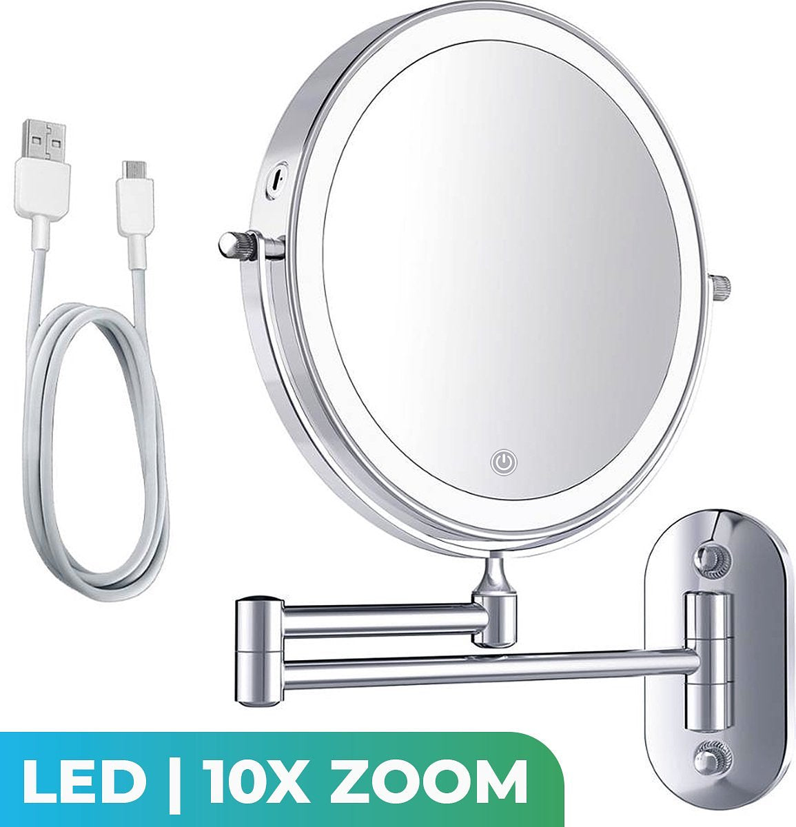 Mirlux Make Up Mirror with LED Lighting - 10X Magnification - Round Wall Mirror - Chrome