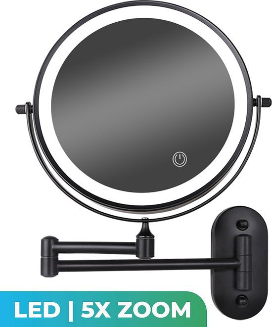 Mirlux Make Up Mirror with LED Lighting - 5X Magnification - Round Wall Mirror - Black