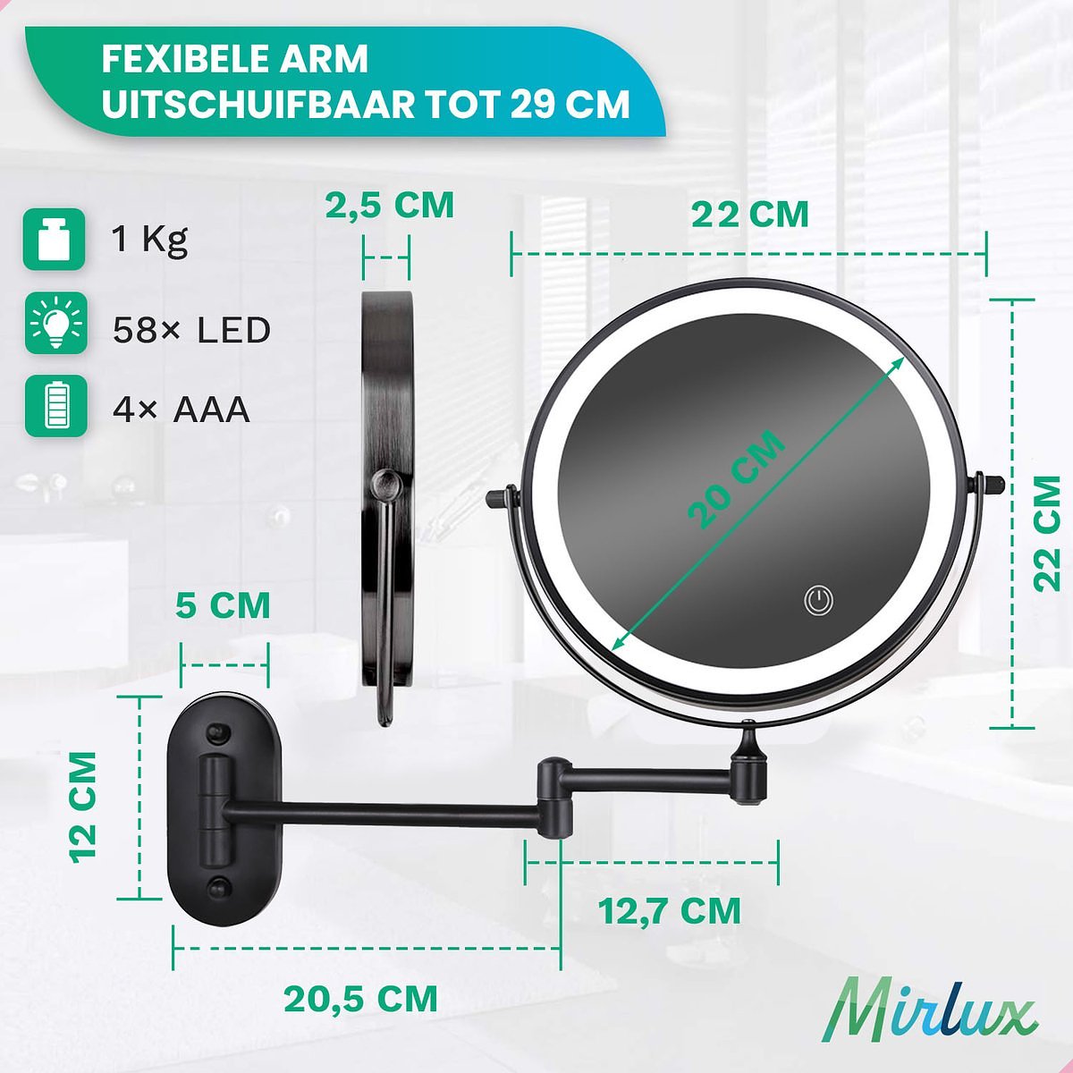 Mirlux Make Up Mirror with LED Lighting - 5X Magnification - Round Wall Mirror - Black