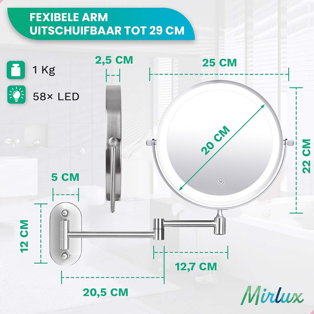 Mirlux Make Up Mirror with LED Lighting - 5X Magnification - Shaving mirror