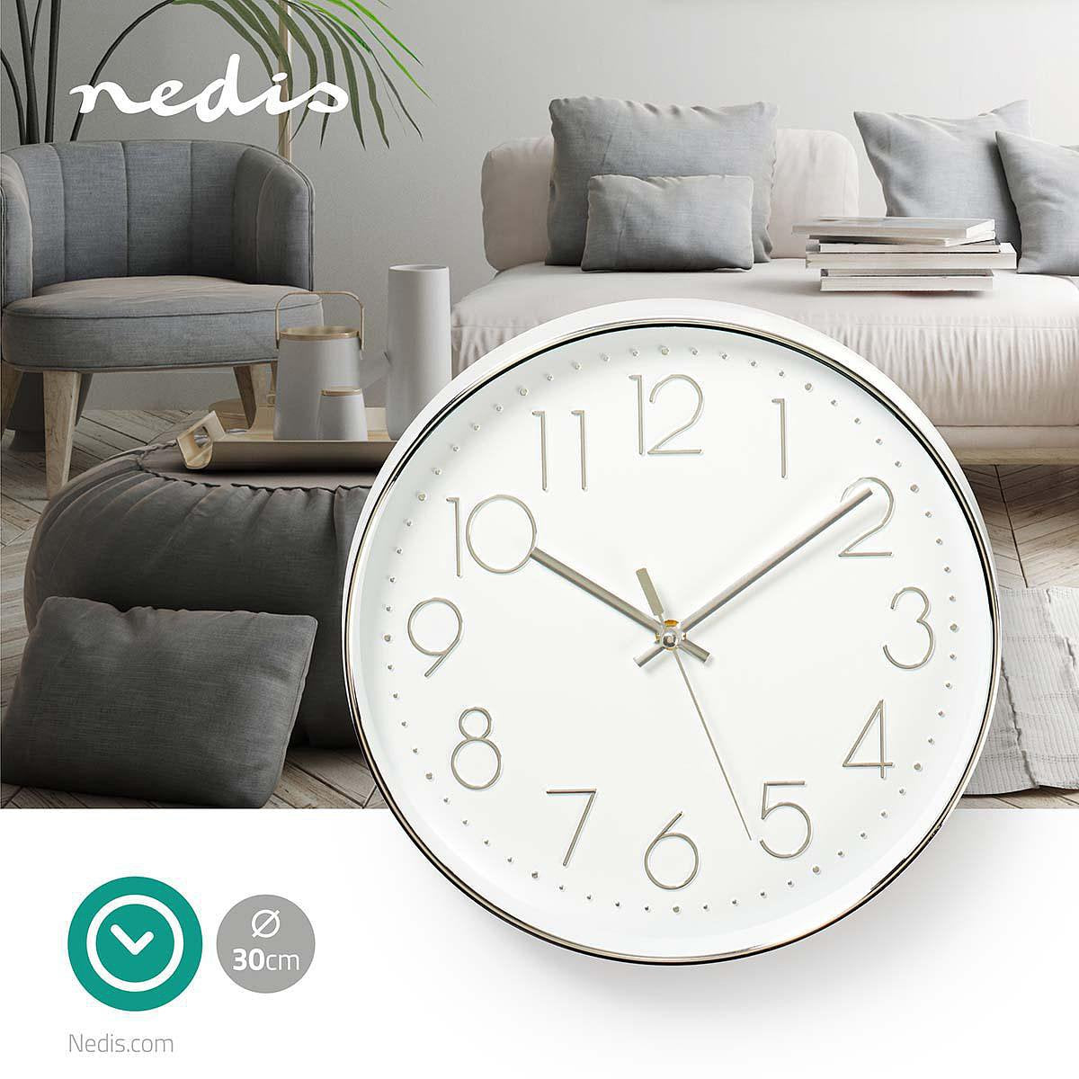 Nedis Ronde wandklok | Diameter 30 cm | Wit & zilver