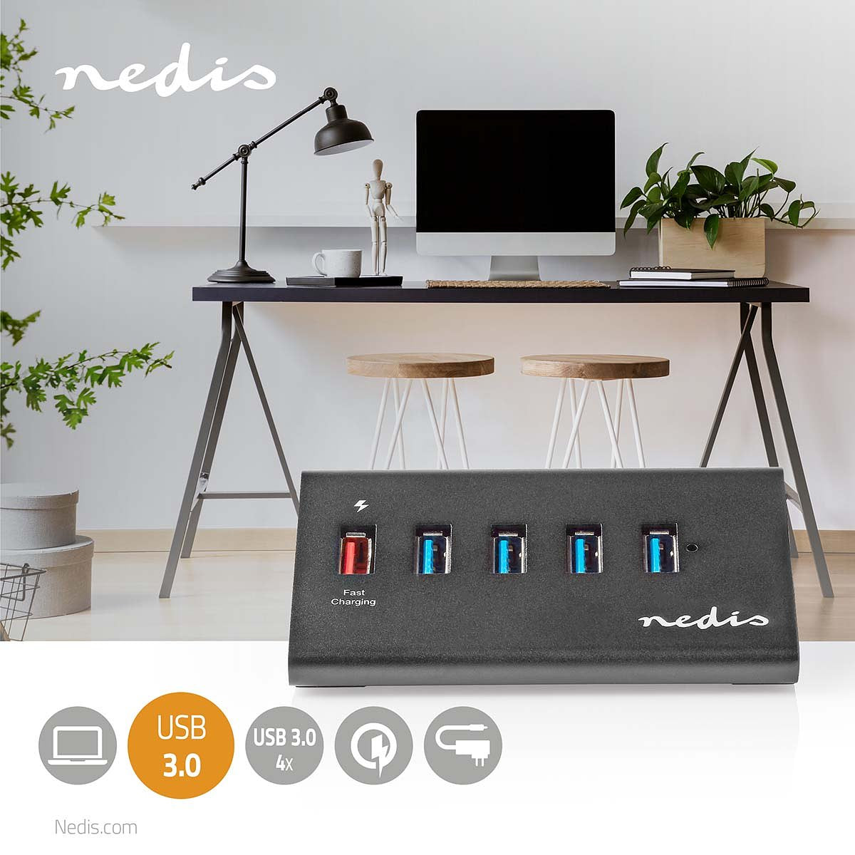 Nedis USB-Hub | 5-Poorts | USB 3.0 met Externe Voeding | QC3.0 Oplaadpoort | 5 Gbps | Aluminium
