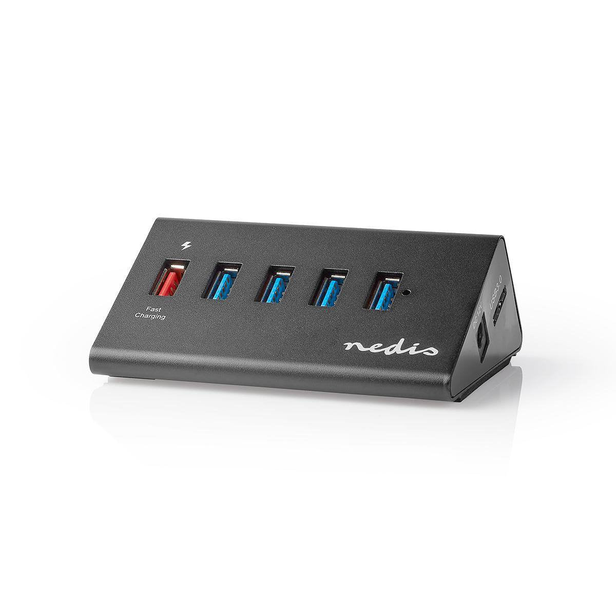 USB-Hub | 5-Poorts | USB 3.0 met Externe Voeding | QC3.0 Oplaadpoort | 5 Gbps | Aluminium Nedis