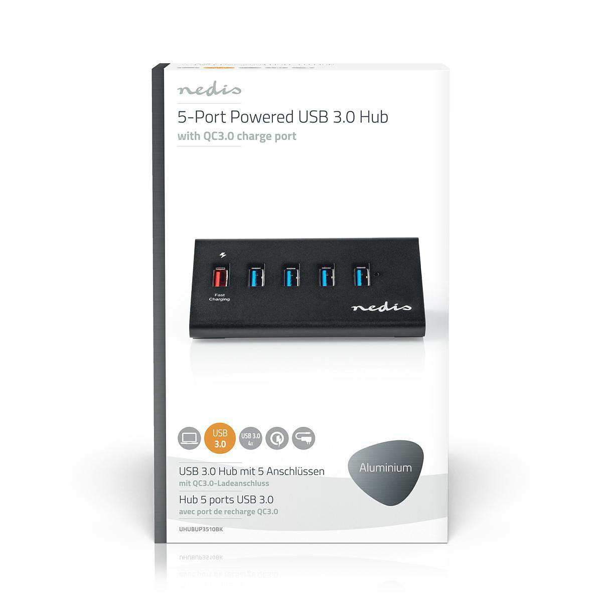 USB-Hub | 5-Poorts | USB 3.0 met Externe Voeding | QC3.0 Oplaadpoort | 5 Gbps | Aluminium Nedis