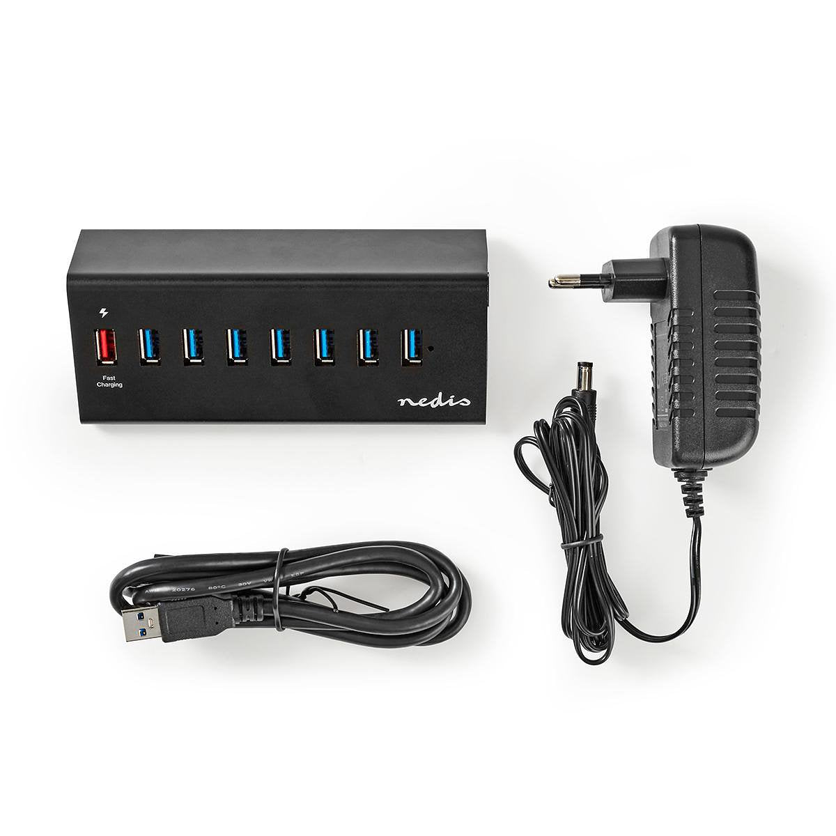 Nedis USB-Hub | 8-Poorts | USB 3.0 met Externe Voeding | QC3.0 Oplaadpoort | 5 Gbps