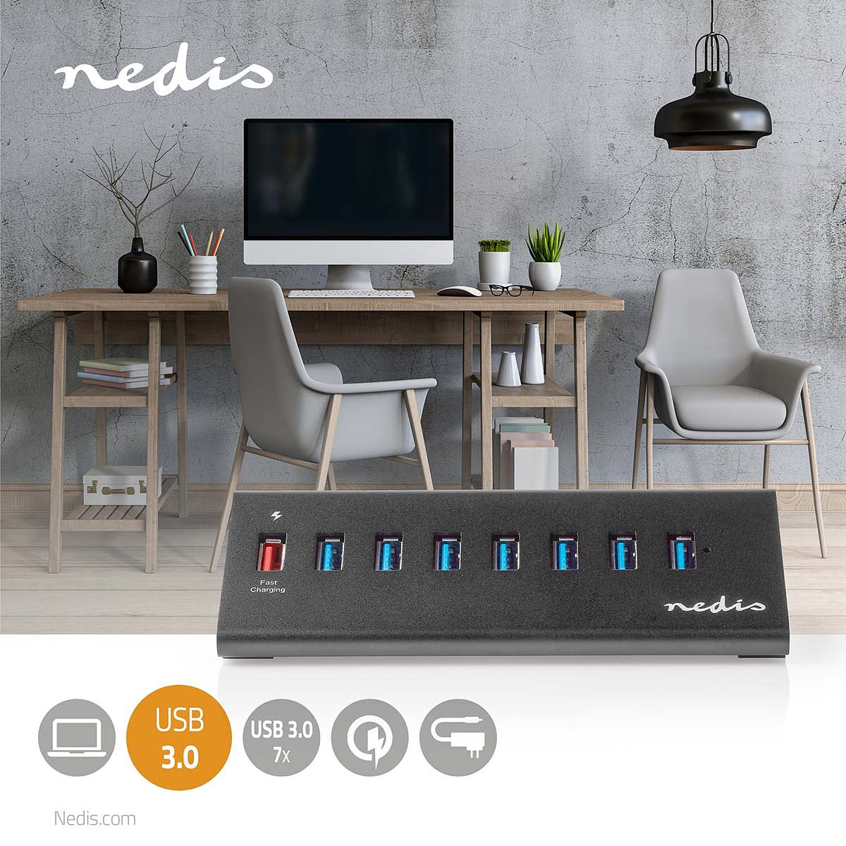 Nedis USB-Hub | 8-Poorts | USB 3.0 met Externe Voeding | QC3.0 Oplaadpoort | 5 Gbps